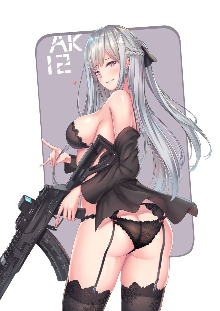 1girls ak-12_(girls'_frontline) ass breasts butt cenangam dat_ass female female_only girls'_frontline gun thighhighs