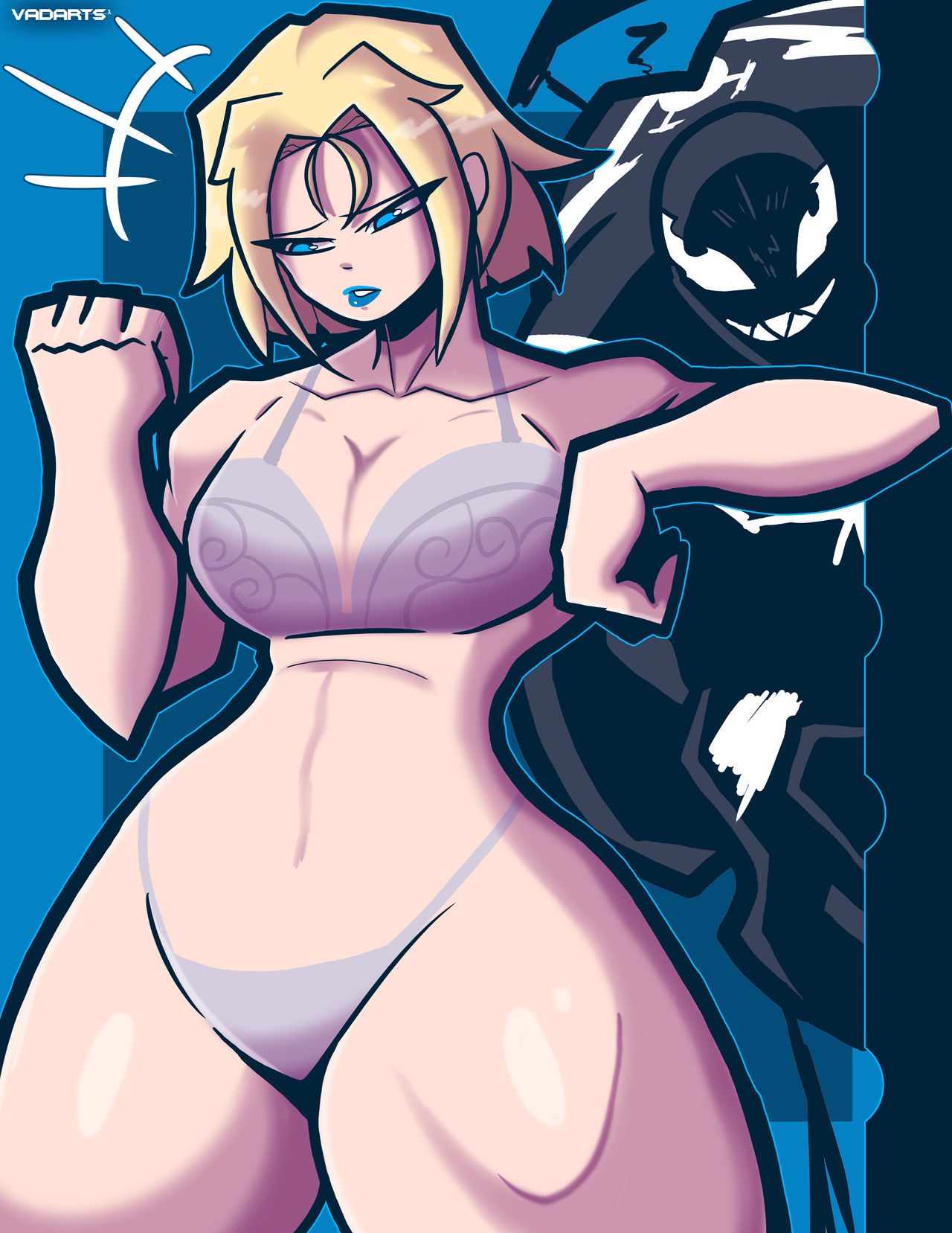1boy, 1girls, ass, big ass, big breasts, blonde female, blonde hair, blue lipstick, bob cut, breasts, curvaceous, curvy, curvy figure, digital media (artwork), emma frost, emma frost (marvel rivals), female, hips, hourglass figure, huge ass, huge breasts, large ass, large breasts, legs, male, marvel, marvel comics, marvel rivals, mutant, mutant (marvel), slim waist, spider-man (series), symbiote, thick, thick hips, thick legs, thick thighs, thighs, vadarts, venom (marvel rivals), venom (marvel), voluptuous, waist, white queen, wide hips, x-men