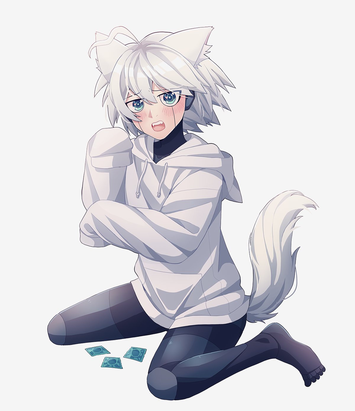 1boy, 1femboy, android, animal ear fluff, animal ears, barefoot, big thighs, blush, blushing, bottomless, bottomless male, color, colored, condom, condom wrapper, cute, danganronpa, danganronpa v3, dog boy, dog ears, dog tail, ear, embarrassed, femboy, feminine male, girly, highres, hoodie, hoodie only, kiibo, long sleeves, looking at viewer, male, male only, mishmasz, oerba yun fang, on knees, open mouth, oversized clothes, oversized sleeves, sleeves past wrists, tail, white background, white hair, white hoodie, wolf boy, wolf ears, wolf humanoid, wolf tail