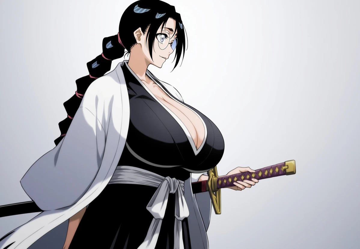 ai due, ai generated, asian, asian female, bare thighs, black hair, bleach, bleach: the thousand-year blood war, braided hair, breasts, female, gigantic breasts, glasses, grey eyes, huge breasts, huge thighs, katori batsu'unsai, light skin, light-skinned female, massive breasts, mommy, shounen jump, smiling, solo female, squatting, sweat, sweatdrop, sword, thick body, thick female, thick thighs, thighs, voluptuous, voluptuous female