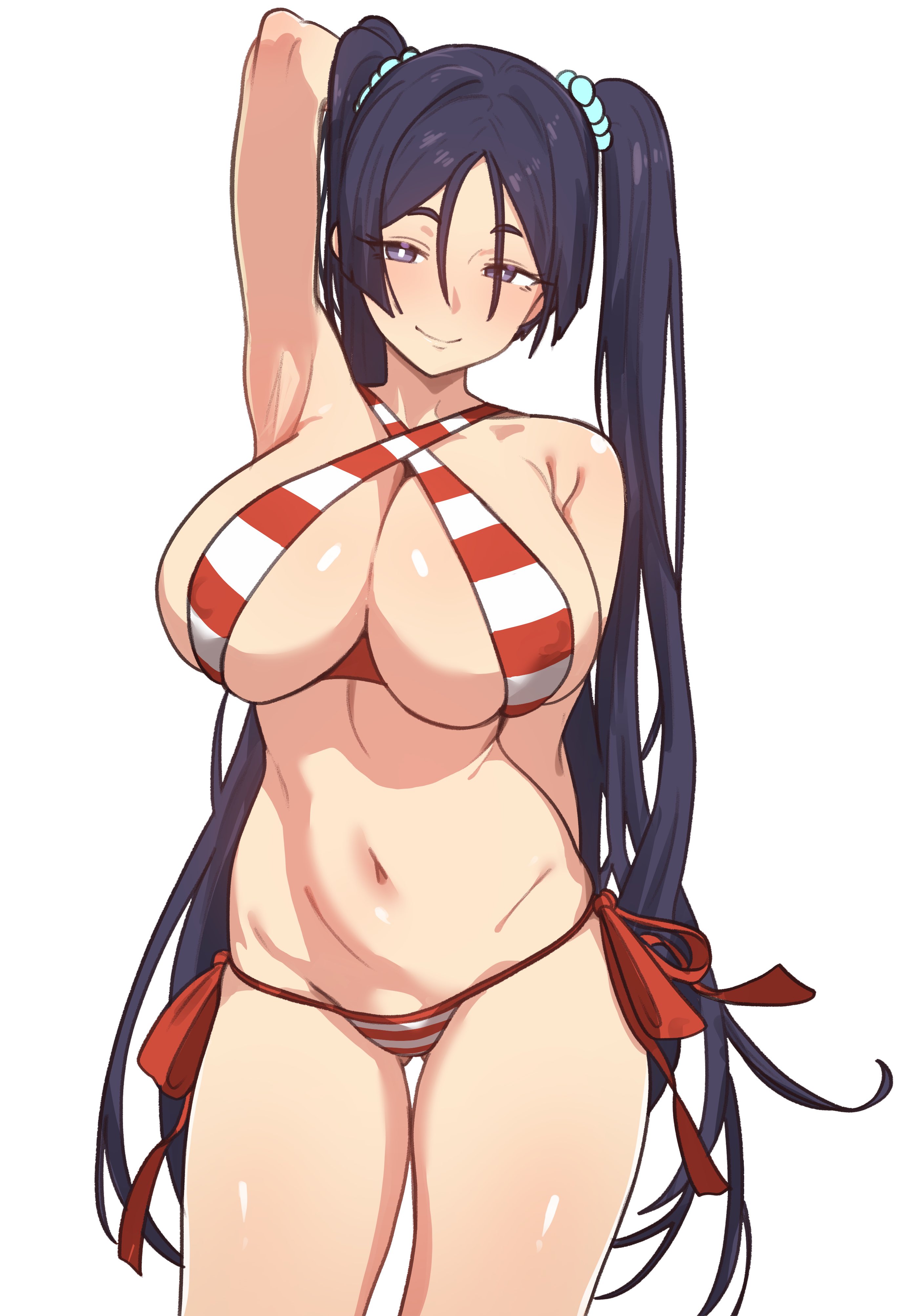 1girls, big breasts, bikini, bikini bottom, bikini top, bottomwear, breasts, cleavage, cosplay, ebora, fate (series), fate/grand order, female, female only, hair, hair ornament, hand behind head, huge breasts, mature, mature female, milf, minamoto no raikou (fate/grand order), nero claudius (swimsuit caster), nero claudius (swimsuit caster) (cosplay), purple eyes, purple hair, red bikini, smile, solo, solo female, striped bikini, topwear, twintails