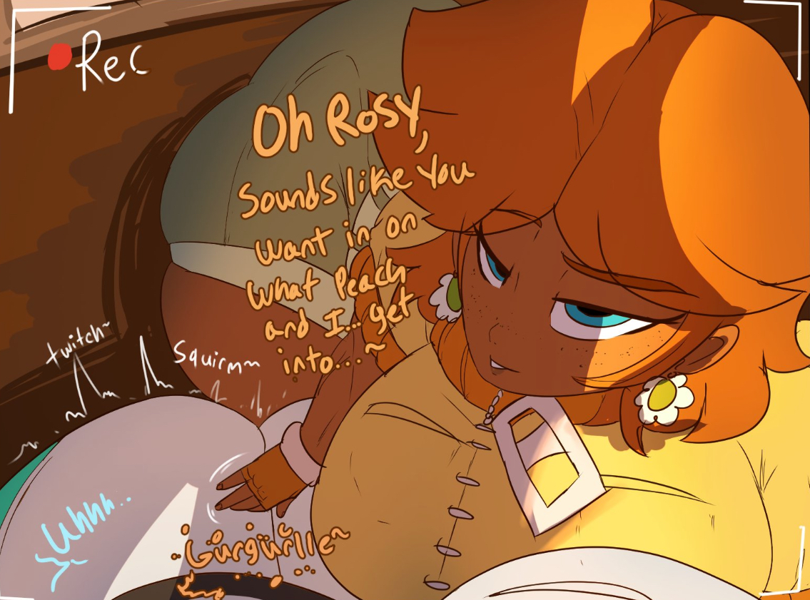 2d, 2girls, ass, comic, dialogue, fart, fart fetish, fat ass, female, mario (series), melissaalli, princess daisy, princess rosalina, recording, stinky, tan skin, teasing, text, yuri