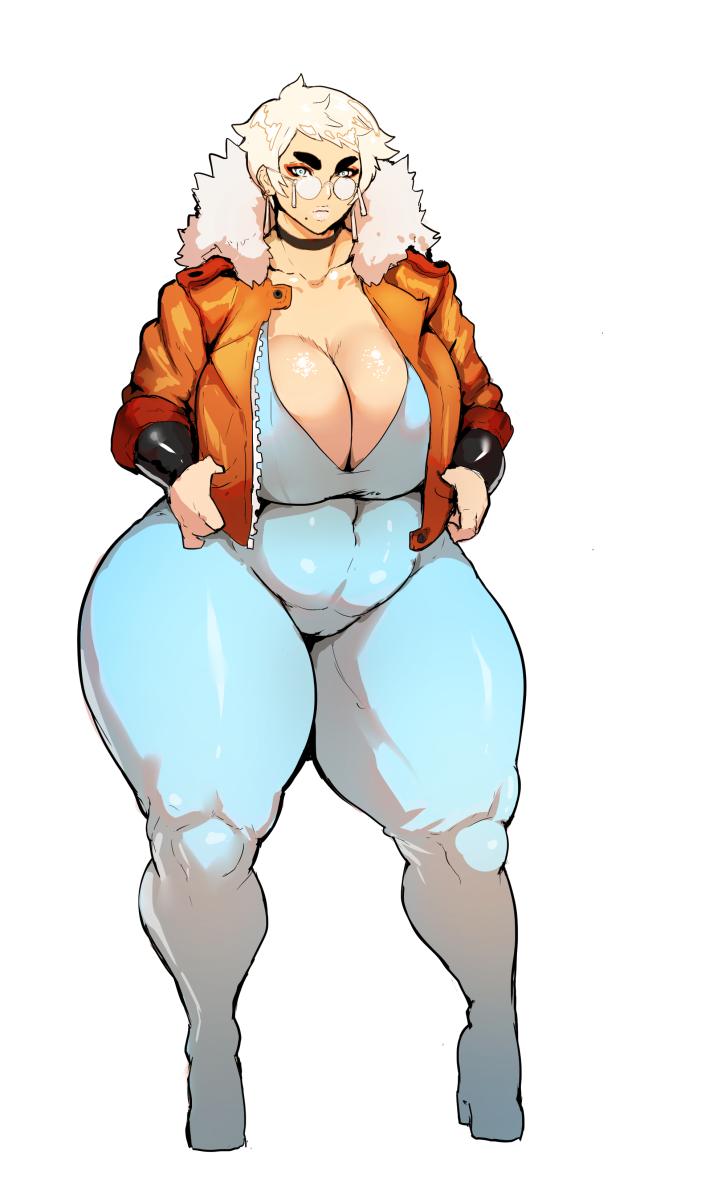 1girls, blonde hair, blue bodysuit, bodysuit, breasts, choker, cyan bodysuit, donaught, earrings, eyeshadow, female, glasses, hands on hip, high heels, jacket, jewelry, large breasts, latex bodysuit, lipstick, looking at viewer, makeup, miffu, mole under mouth, orange jacket, original character, pussy, pussy outline, red eyeshadow, short hair, tagme, thick eyebrows, thick thighs, tight clothing, white background, white lipstick, wide hips
