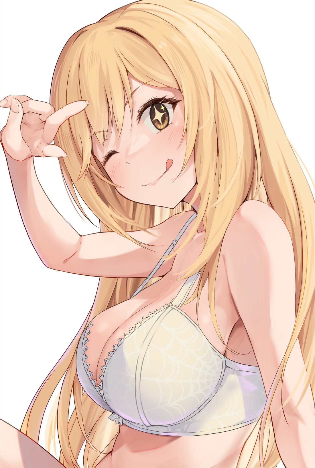 +_+ 1girls 2020s 2025 ;q bare_shoulders blonde_hair blush bra breasts cleavage collarbone female from_side hi_res k3rd large_breasts light-skinned_female light_skin long_hair looking_at_viewer one_eye_closed shokuhou_misaki simple_background smile smiling_at_viewer solo sparkling_eyes spider_web_print teenage_girl teenage_tits teenager to_aru_kagaku_no_mental_out to_aru_kagaku_no_railgun to_aru_majutsu_no_index tongue tongue_out underwear underwear_only unusual_pupils v v_over_eye white_background white_bra wink winking_at_viewer yellow_eyes young