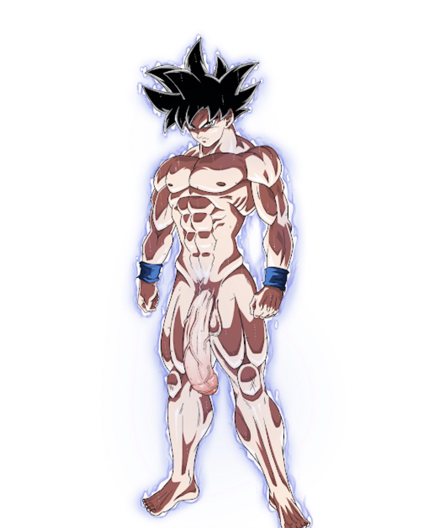 big penis, black hair, dragon ball, dragon ball super, goku, male, male only, nude, penis, simple background, son goku, ultra instinct, veiny