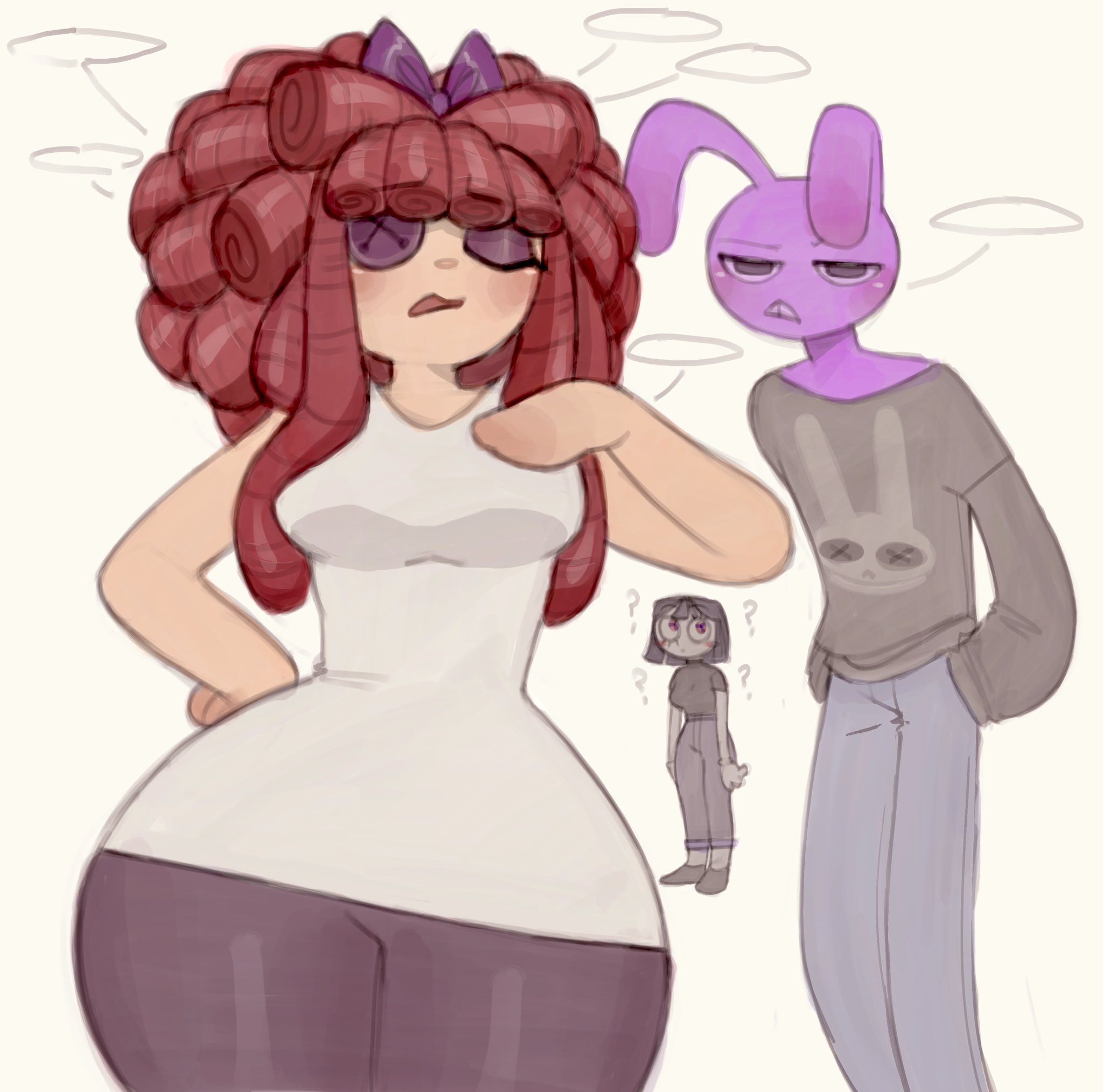 ?, breasts, clothed, clothed female, clothing, dialogue, female, glitch productions, jax (the amazing digital circus), pinkbobatoo, pomni (the amazing digital circus), ragatha (the amazing digital circus), skiddioop, stereodaddy, the amazing digital circus, thick thighs, thighs, wide hips