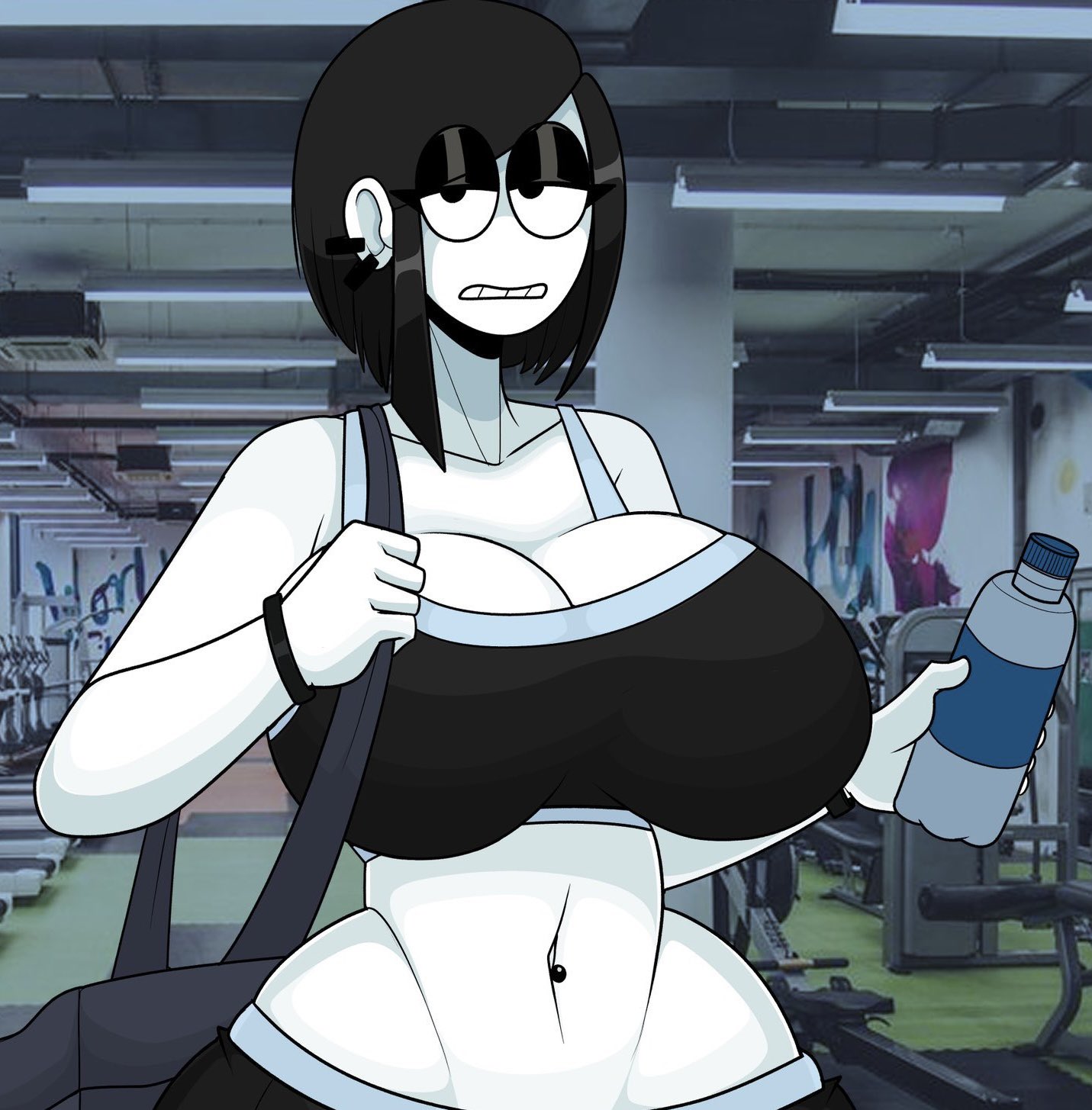 1girls, 2025, 2d, 2d (artwork), 2d artwork, bag, big breasts, big thighs, black eyes, black hair, bracelet, breasts, ear piercing, earrings, female, female focus, female only, gym, gym bag, gym clothes, gym clothing, gym uniform, huge breasts, huge thighs, large breasts, looking at viewer, pale skin, pale-skinned female, pierced belly button, piercing, piercings, saltynoodles, shiny hair, shiny skin, short hair, solo, solo female, solo focus, staring, staring at viewer, stomach piercing, thick thighs, thighs, veronica (saltynoodles), water, water bottle, white skin, white skinned female