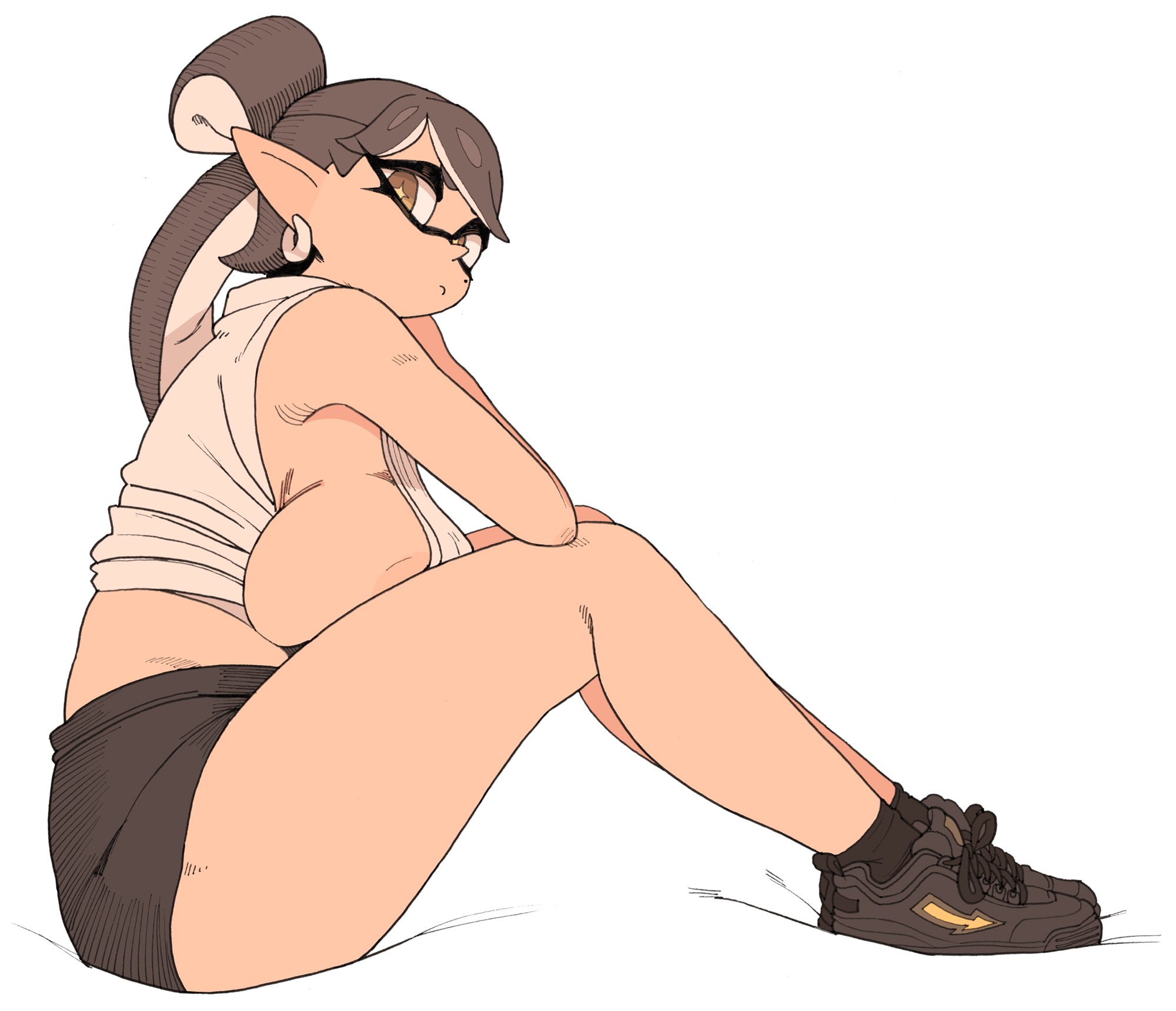 1girls, areola, areolae slip, big breasts, boob squish, boob window, breasts, callie (splatoon), casual, clothed, clothes, earring, female, huge breasts, inkling, inkling girl, large breasts, looking at viewer, nintendo, sideboob, sitting, solo, solo female, splatoon, splatoon (series), tagme, tentacle hair, thick thighs, yuta agc