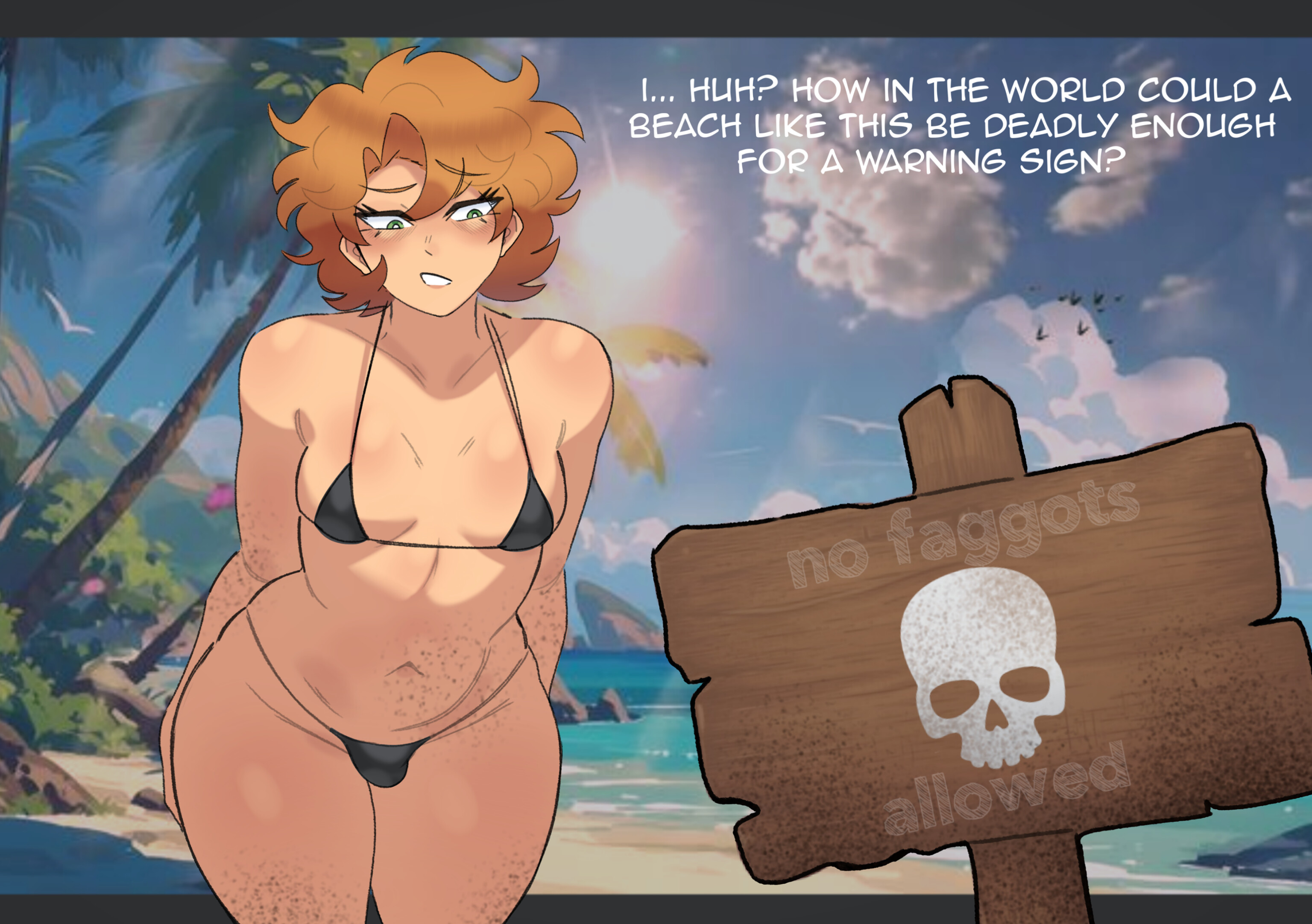 background, barely clothed, beach, bikini, breasts, bulge, clitty, curly hair, dangerous, dirty, embarrassed, estrogened male, gay, homophobia, homophobic slur, imminent death, imminent rape, imminent sex, implied death, johnv, johnvkun, male, micro bikini, micropenis, nervous, panties, penis, perky breasts, petite, public, public exposure, sand, sissy, slur, small breasts, small bulge, small penis, solo, sunset, thick thighs, trans, trap, twink, yaoi