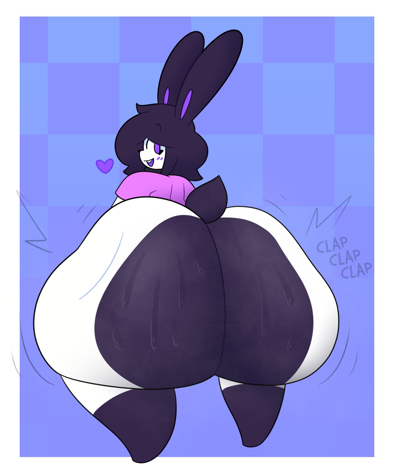2023, 2d, abstract background, anthro, ass focus, big ass, black hair, bubble butt, bunny, bunny boy, bunny ears, clapping cheeks, dat ass, doughy ass, dumptruck ass, evilfiendish, femboy, fur, furry, happy, heart, huge ass, hyper, hyper ass, lagomorph, looking at viewer, looking back, male, male only, mare (evilfiendish), massive ass, massive thighs, open smile, purple eyes, rabbit, rabbit boy, smile, sweat, sweaty, sweaty ass, thick thighs, throwing it back, twerking