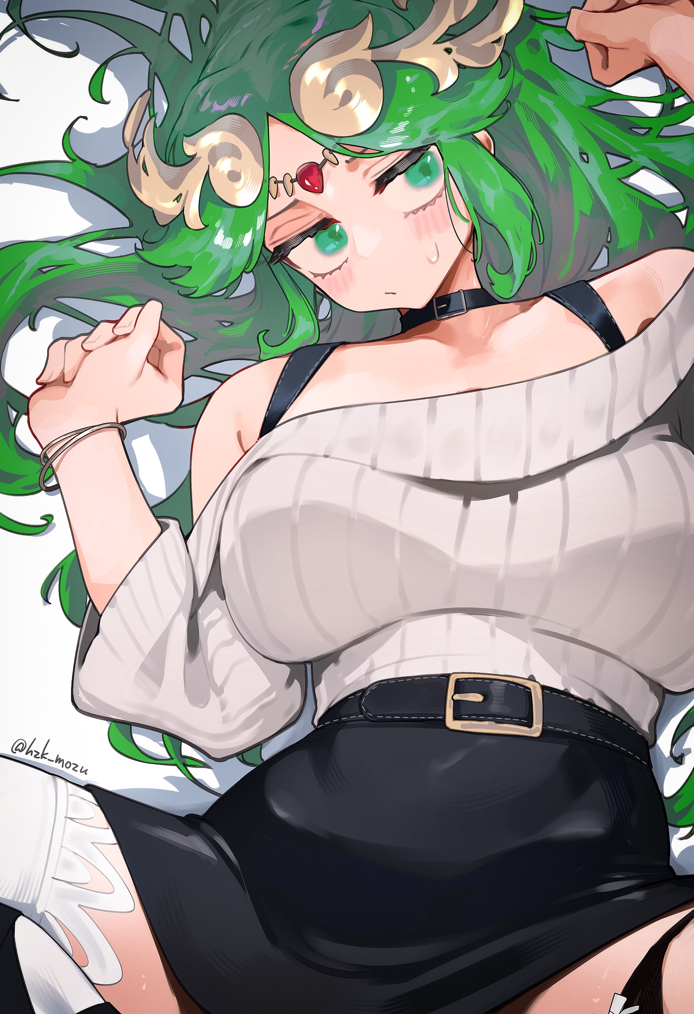 1girls, bare shoulders, blush, breasts, female, female only, forehead jewel, green eyes, green hair, highres, hizake, kashu (hizake), kid icarus, kid icarus uprising, large breasts, laurel crown, long hair, long sleeves, looking at viewer, nintendo, palutena, skirt, solo, spread legs