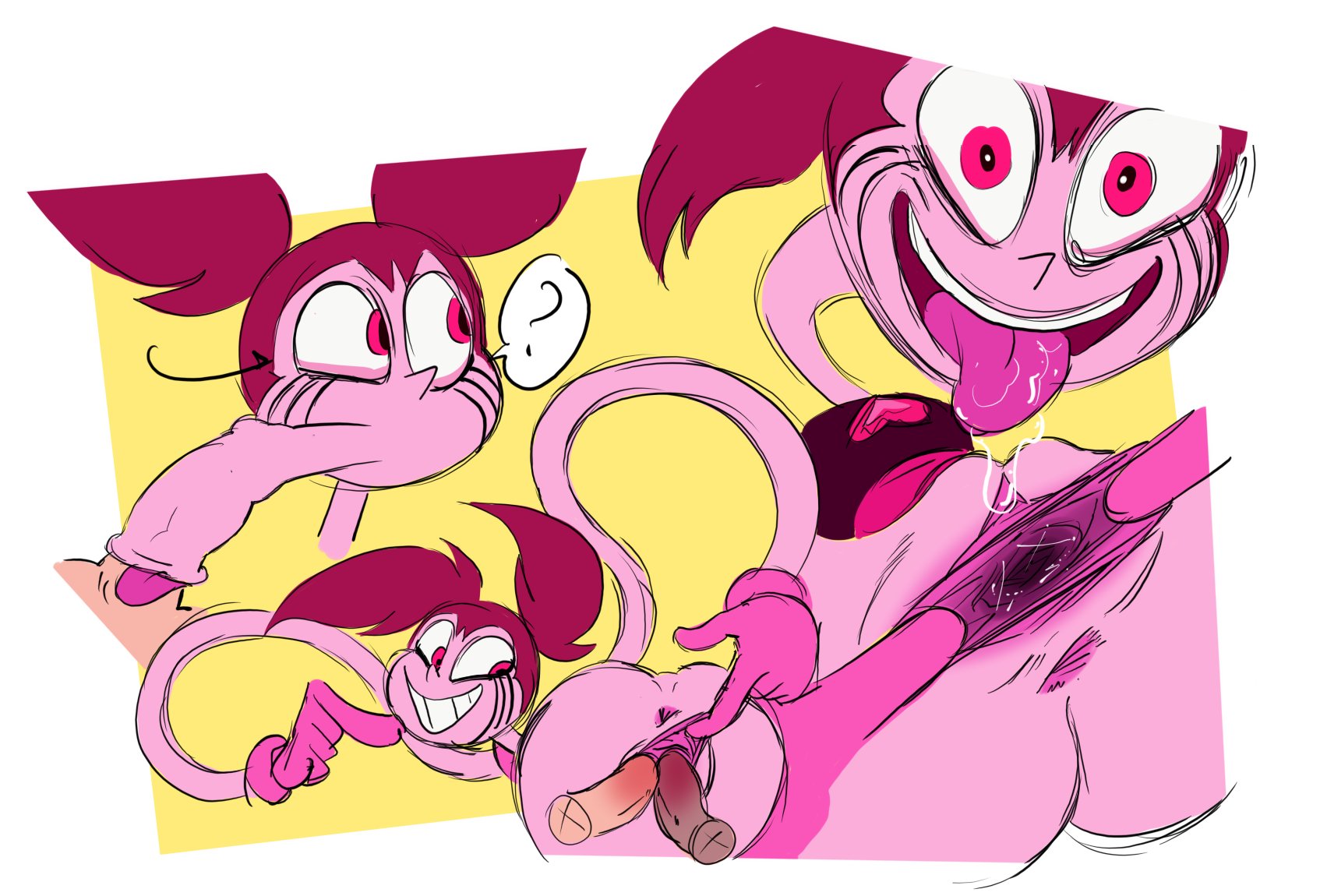 anus, blowjob, blowjob face, dezetaka, double penetration, dzk, female, gem (species), naked, naked female, penis, pink body, pussy, rubberhose, spinel (steven universe), steven universe, steven universe future, steven universe: the movie, stretched pussy, vagina, vaginal penetration
