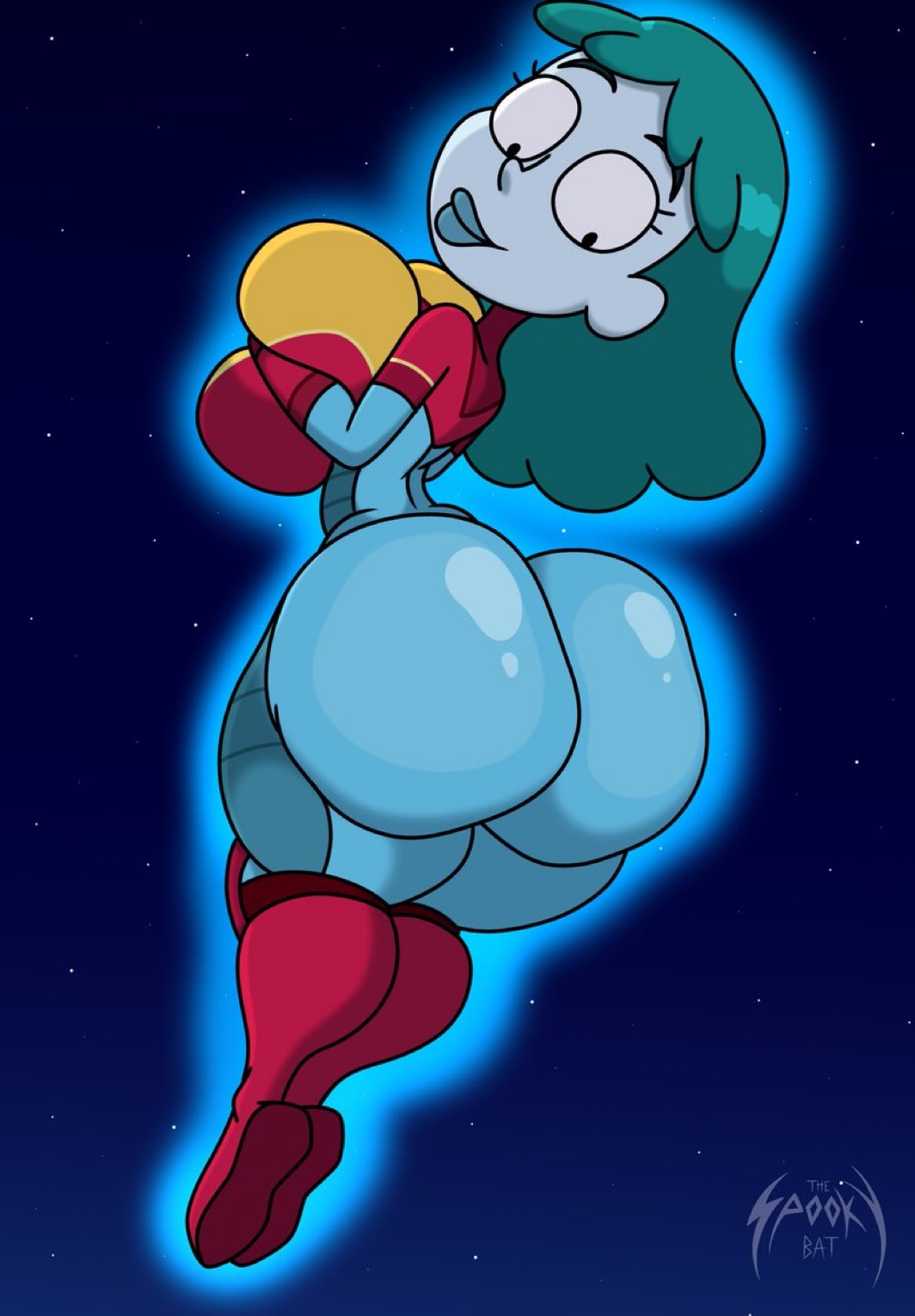 adult swim, alternate ass size, alternate breast size, ass expansion, ass focus, backboob, breast expansion, breast grab, breasts, butt expansion, clothed, expansion, female, female only, ghostlydoodles, grabbing own breast, huge ass, huge breasts, latex suit, looking at self, looking back, night sky, planetina, rick and morty, spookyryder, superheroine, teasing