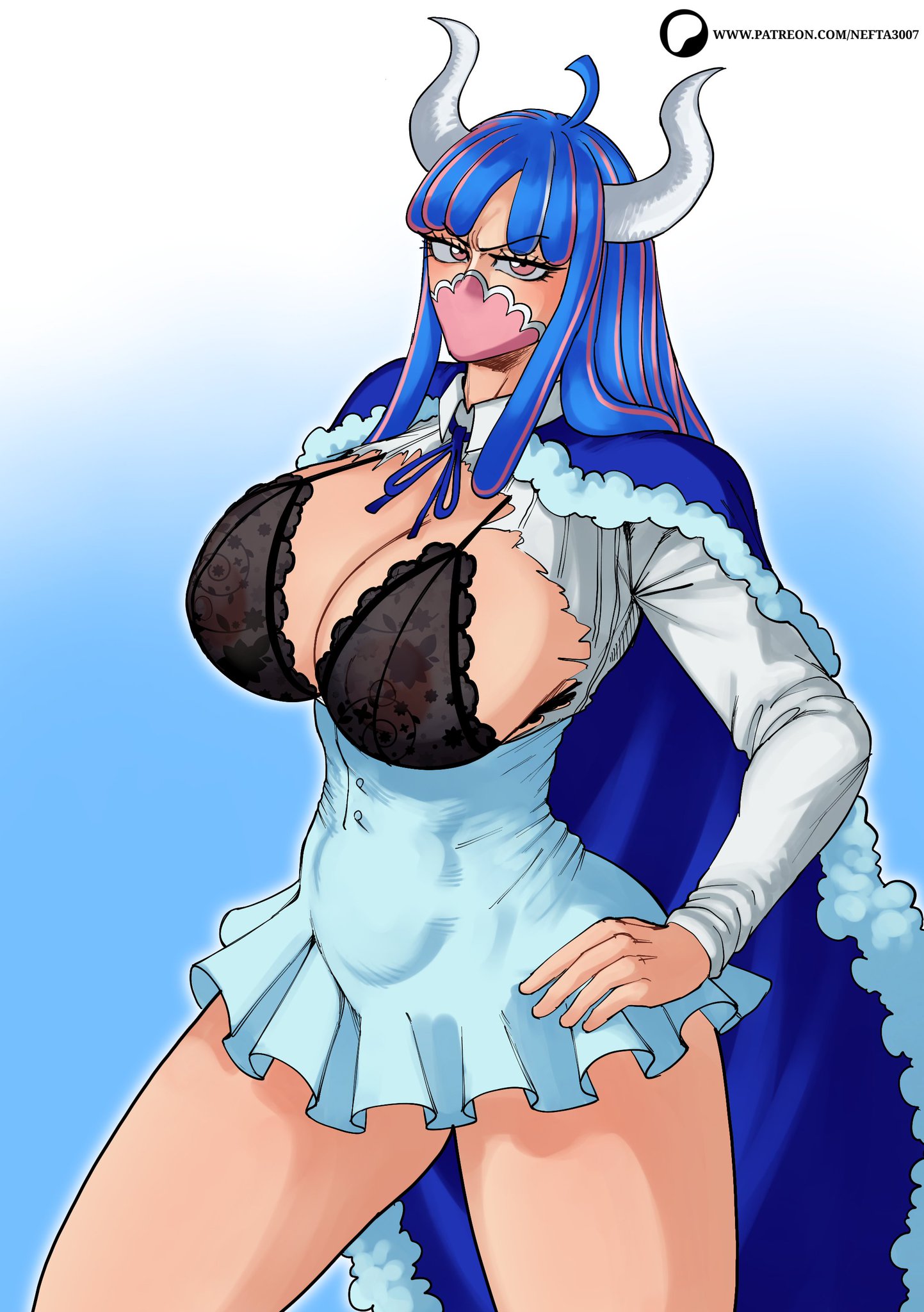1girls, bare legs, bare thighs, big breasts, blue hair, blue-haired female, bra, breasts, clothed, clothing, color, female, female focus, female only, hi res, horns, large breasts, light skin, light-skinned female, long hair, looking at viewer, mask, multicolored hair, nefta3007, one piece, pink eyes, ripped clothing, shounen jump, solo, solo female, tagme, thick thighs, ulti (one piece)