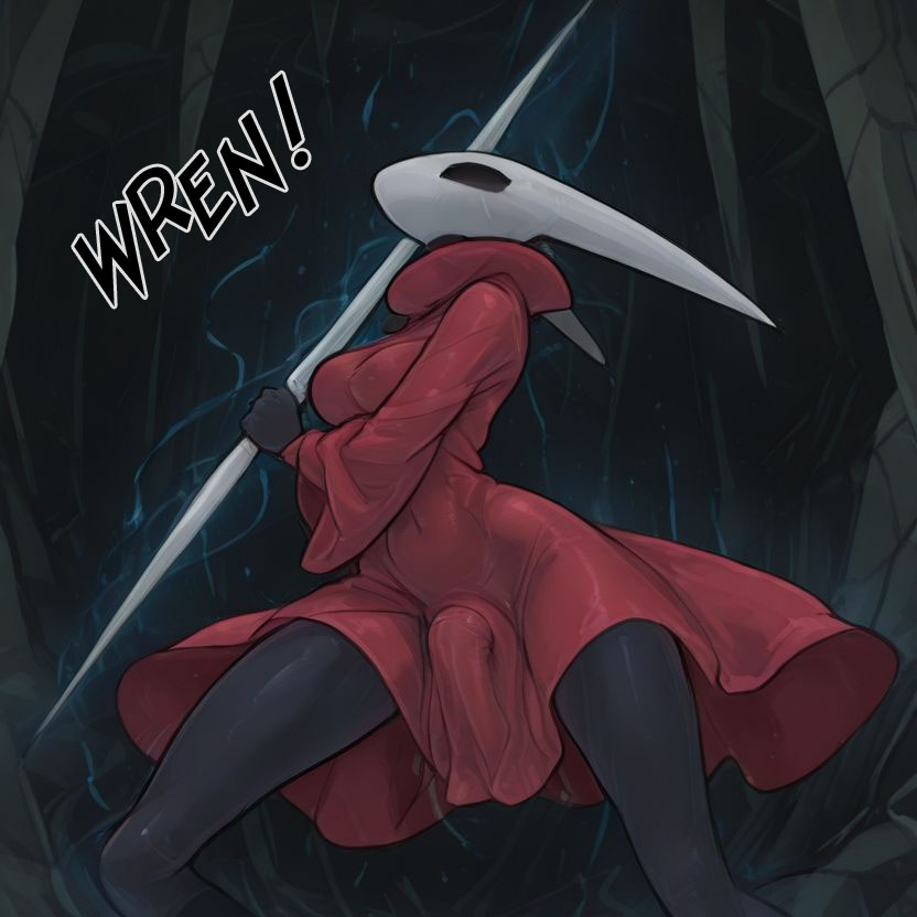 action pose, ai generated, balls, black skin, breasts, bulge, bulge through clothing, cloak, clothed, clothing, colored skin, covered navel, covered nipples, dress, dress lift, erection, female, futanari, holding object, holding weapon, hollow eyes, hollow knight, hollow knight: silksong, hornet (hollow knight), intersex, large breasts, legs, legs apart, long penis, long sleeves, mask, masked female, medium breasts, penis, pixey, red cloak, red clothing, red dress, solo, solo female, solo focus, solo futa, standing, testicles