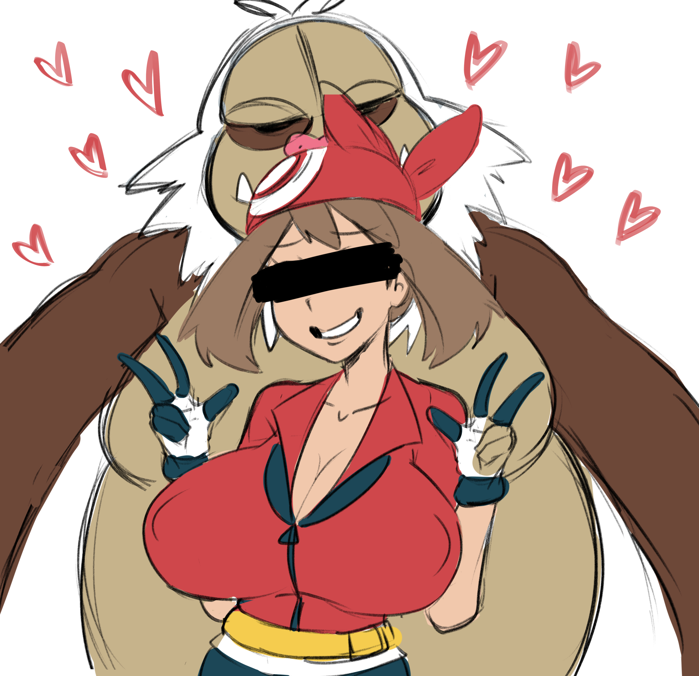 1boy, 1girls, breasts, female, imminent pokephilia, imminent sex, implied bestiality, large breasts, light skin, light-skinned female, male, may (pokemon rs), may (pokemon), nintendo, pokemon, pokemon rse, reach025, rider117, slaking, white background