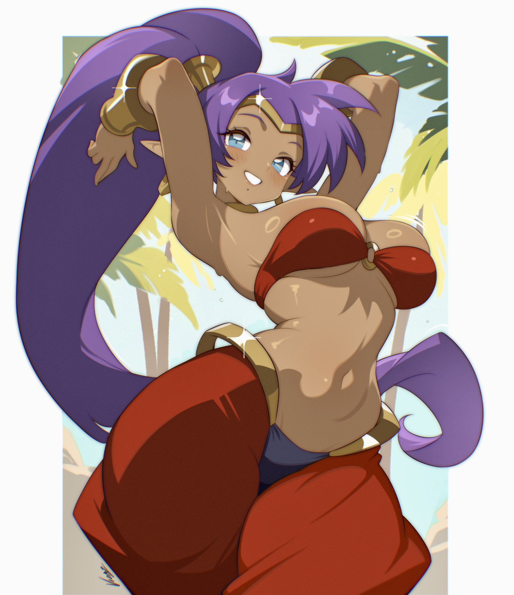 1girls, alternate version available, armpits, arms behind head, arms up, armwear, big breasts, blue eyes, blush, bottomwear, bracelet, breasts, cleavage, ear piercing, earrings, female, female only, hair, hips, motion lines, o-ring, o-ring top, pants, pointy ears, ponytail, purple hair, red pants, shantae, shantae (character), smile, solo, solo female, topwear, vizaz, wide hips