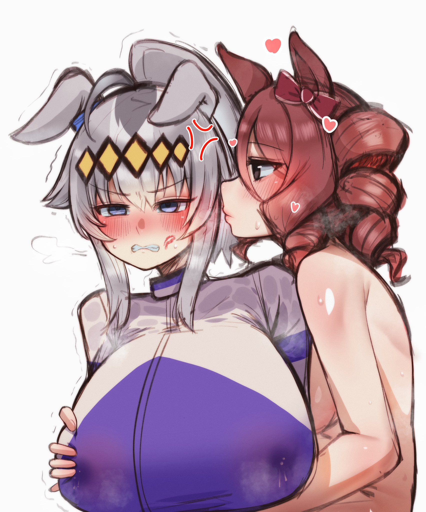 2girls, ahoge, anger vein, big breasts, blue eyes, blush, bow, breast grab, breasts, brown eyes, female, female only, grey hair, hairband, hairbow, heart, horse ears, horse girl, huansheng0716, lipstick mark, milking, norn ace (umamusume), nude, nude female, oguri cap (umamusume), ponytail, red hair, short hair, sportswear, sweat, umamusume, umamusume: cinderella gray, yuri