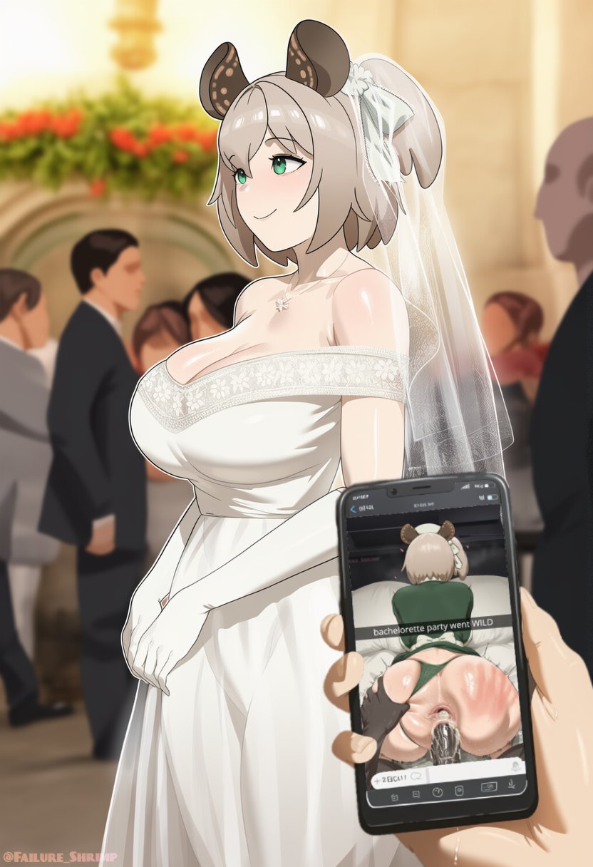 1boy, 1girls, ai generated, breasts, cheating, cuckold, cuckold pov, cum, dark skin, dark-skinned male, doggy style, english text, failure shrimp, female, interracial, large breasts, male, nimi nightmare, pov, pussy, snapchat, text, vaginal penetration, virtual youtuber, wedding, wedding dress