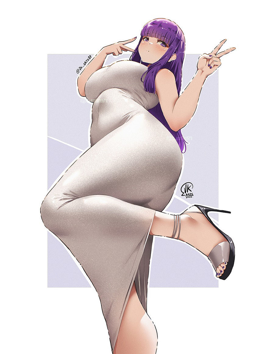 1girls, alternate costume, blunt bangs, breasts, curvy, double v, dress, feet, female, fern (sousou no frieren), foot out of frame, from below, fully clothed, grey dress, high heels, jk arts07, large breasts, leg up, legs, long hair, nail polish, painted fingernails, painted nails, painted toenails, purple eyes, purple hair, purple nails, sandals, solo, sousou no frieren, strappy heels, thick thighs, thighs, tight clothing, toenail polish, toenails, toes, twitter username, v