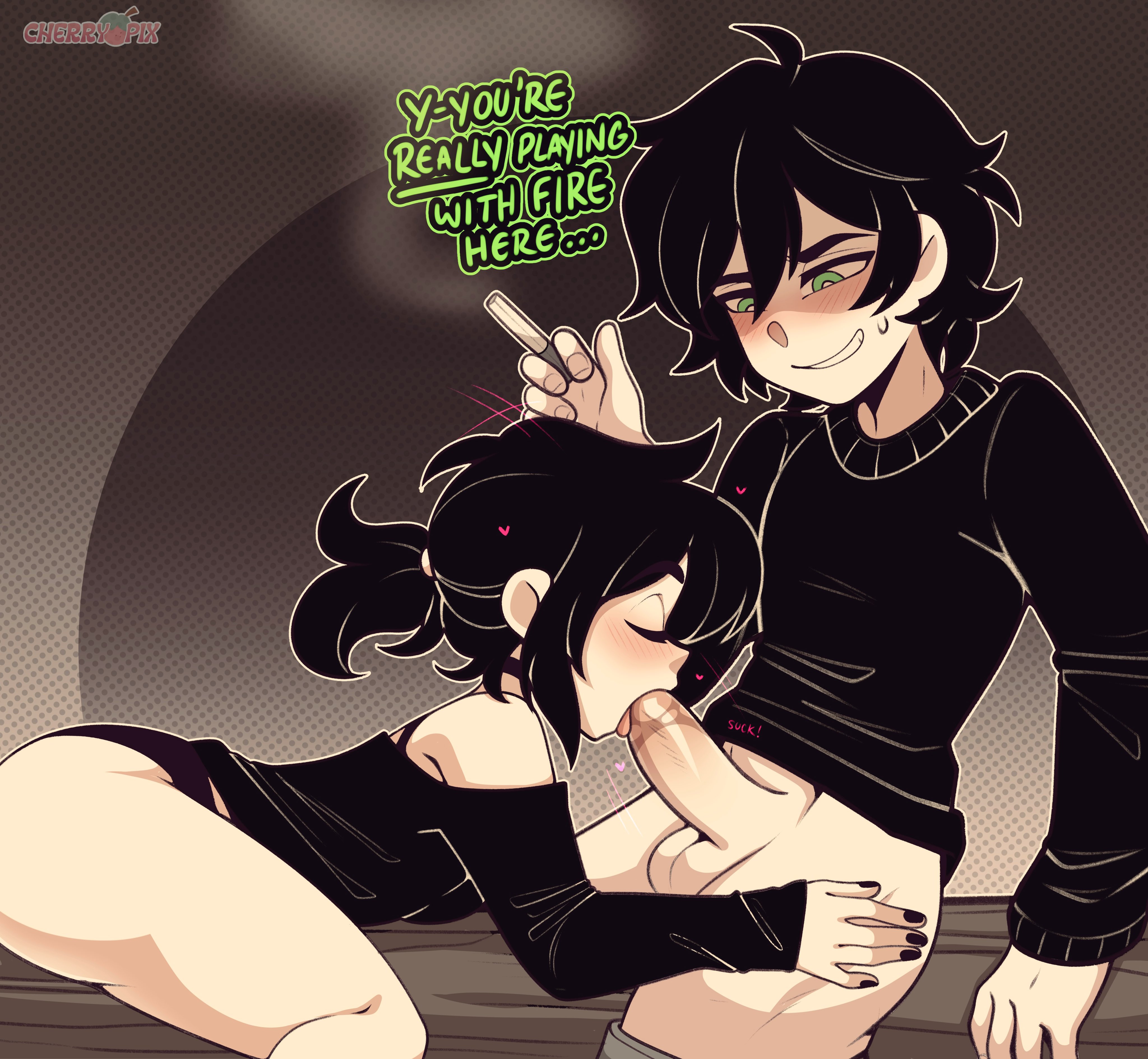 1boy, 1girls, andrew graves, ashley graves, bare shoulders, black hair, black nails, blush, cherrypix, choker, cigarette, closed eyes, fellatio, female, green eyes, heart, holding object, incest, male, nail polish, panties, partially clothed, ponytail, purple panties, shirt, short hair, siblings, sweatdrop, the coffin of andy and leyley