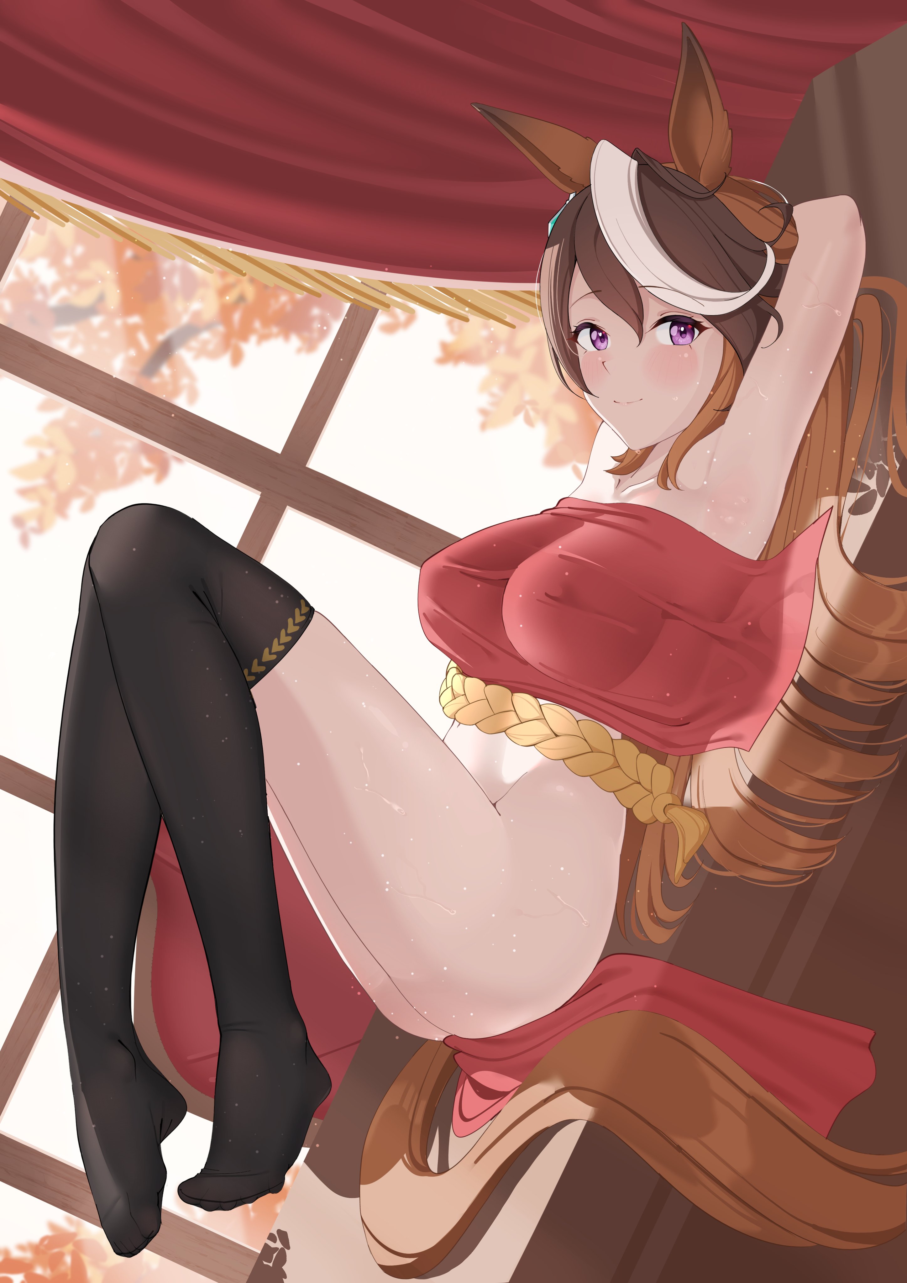 1girls, absurdres, animal ears, black thighhighs, commission, earrings, female, highres, horse ears, horse girl, horse tail, jewelry, looking at viewer, multicolored hair, necropoi, no panties, single earring, smile, streaked hair, symboli rudolf (umamusume), tail, thighhighs, umamusume