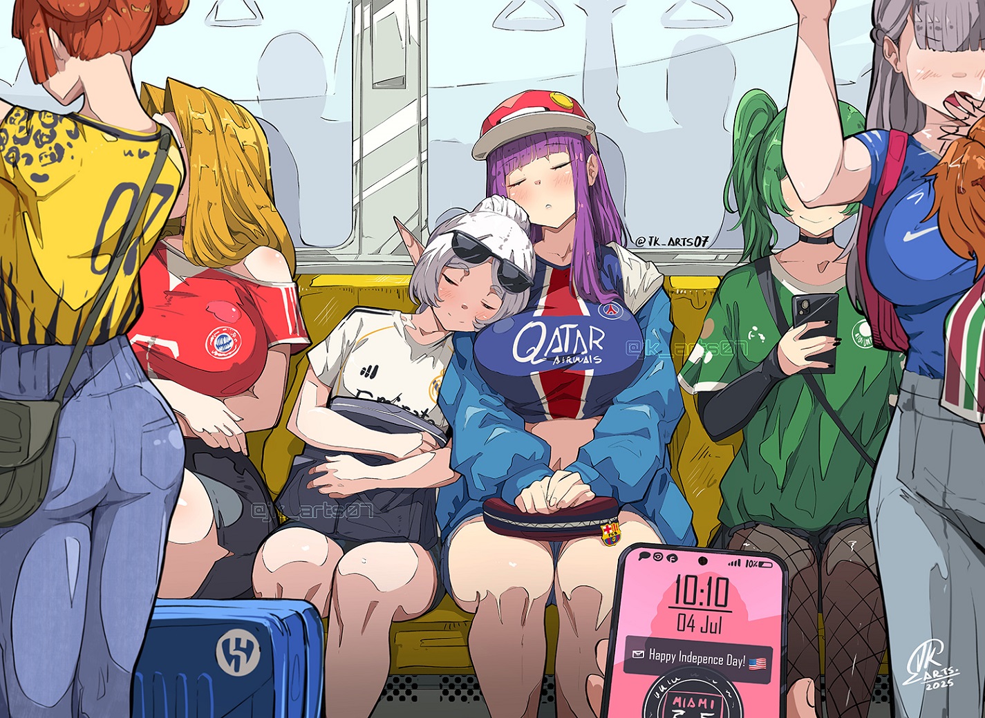 6+girls, 7girls, adidas, american flag, ass, bag, bare shoulders, bayern munich, black nails, blonde hair, blunt bangs, blush, borusia dortmound, brasilerao, breasts, cellphone, chelsea footbal club, choker, closed eyes, clothing, collarbone, contemporary, denim, double bun, electronics, elf, eyewear on head, female, fern (sousou no frieren), fifa, fingernails, fishnet pantyhose, fishnets, fluminense, fourth of july, frieren, green hair, grey hair, group, hair bun, handbag, hat, holding, human, inter miami, jeans, jersey, jk arts07, kanne (sousou no frieren), large breasts, laufen (sousou no frieren), lawine (sousou no frieren), long hair, medium breasts, medium hair, methode (sousou no frieren), multiple females, multiple girls, navel, nonsexual, not porn, open mouth, orange hair, pale skin, palmeiras, pants, pantyhose, paris saint germain, parted bangs, phone, pointy ears, pov, public, purple hair, real madrid, shirt, short hair, shorts, side ponytail, sitting, sleeping, sleeping on person, small breasts, smartphone, smile, soccer uniform, sousou no frieren, sportswear, striped clothes, subway, suitcase, train interior, twintails, twitter username, ubel (sousou no frieren), white hair