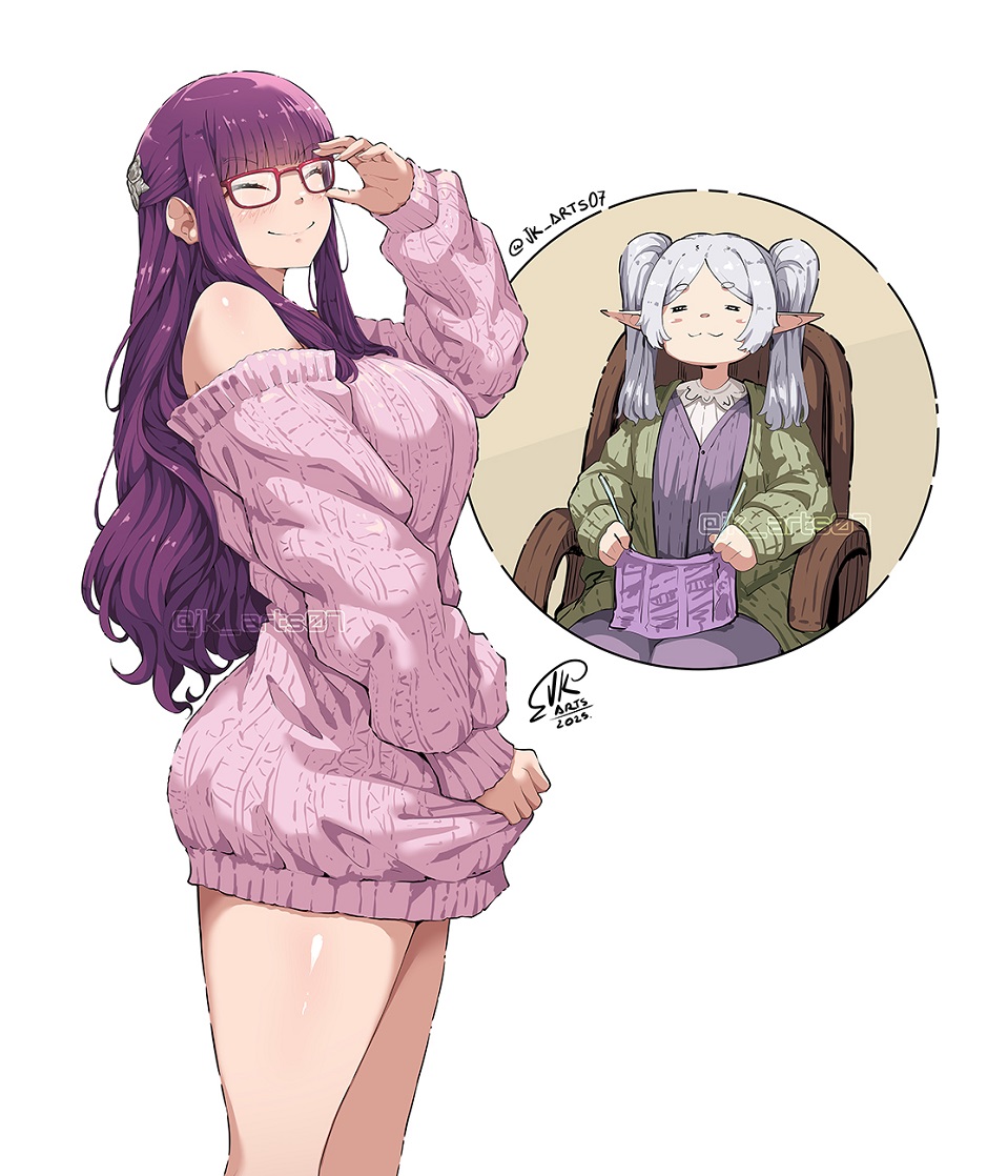 2girls, blunt bangs, breasts, closed eyes, closed mouth, dress, elf, female, fern (sousou no frieren), frieren, glasses, jk arts07, knitting, knitting needle, long hair, multiple females, multiple girls, needle, pink sweater, pointy ears, purple hair, simple background, smile, sousou no frieren, sweater, sweater dress, twintails, white background