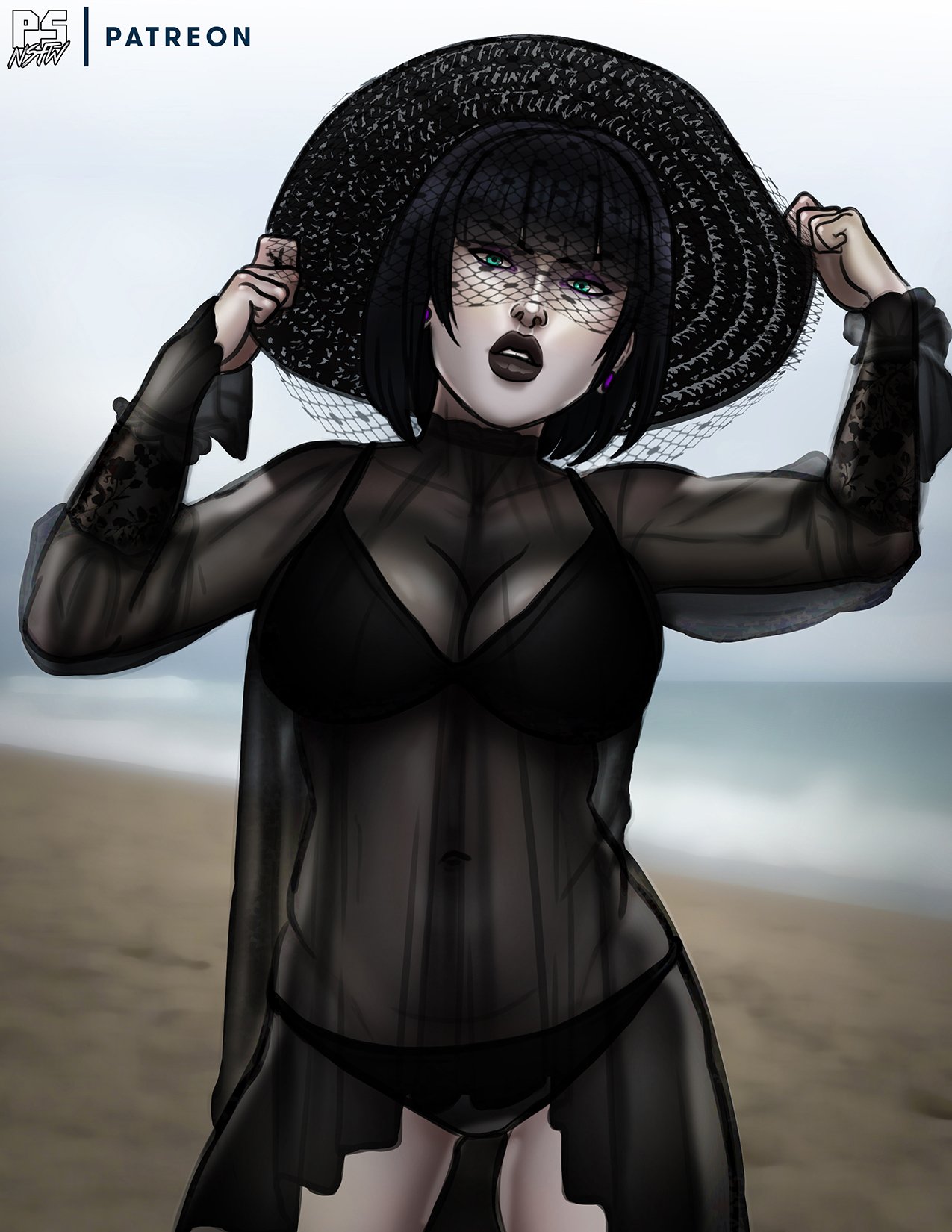 1girls, big lips, bikini, black lips, black lipstick, female, female only, goth, hat, madeline zoldak, pumpkinsinclair, solo, sun hat, swimsuit, tagme, thick lips, uncensored