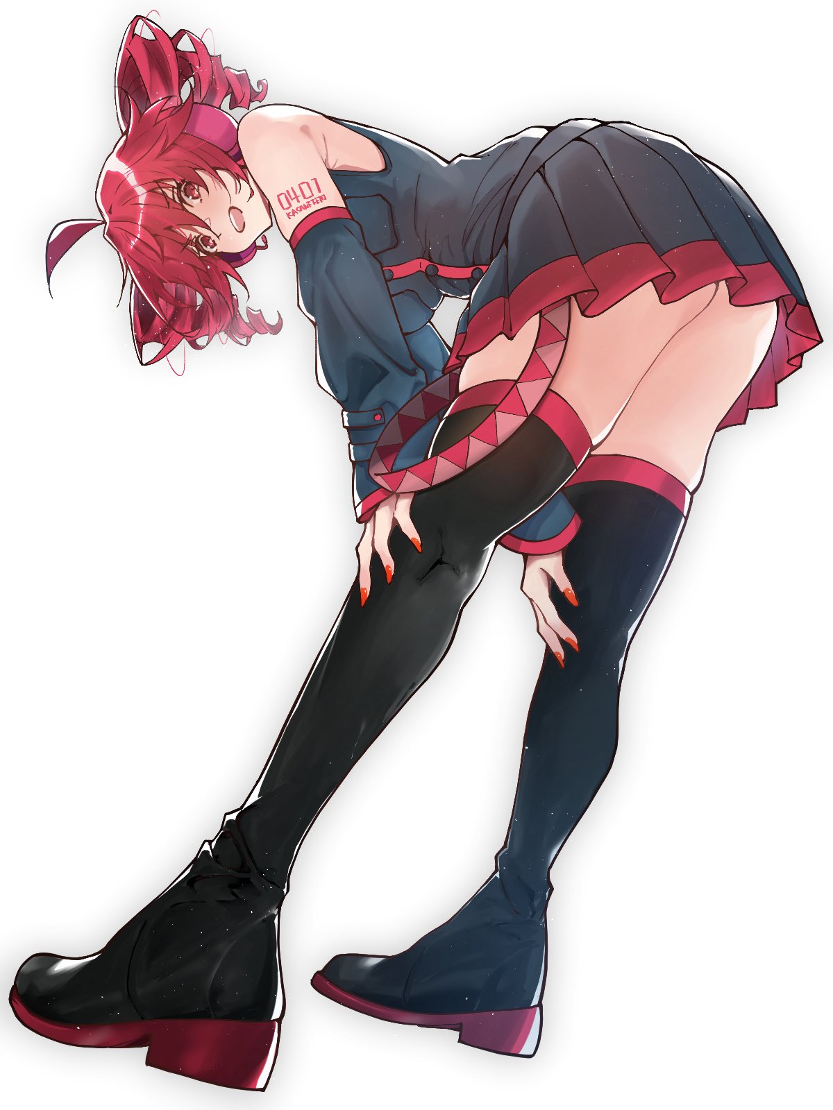 1girls, 2d, 2d (artwork), absolute territory, ahoge, arched back, arm tattoo, armpit crease, armpits, ass, bare shoulders, bending over, bent over, big breasts, big thighs, black boots, black shirt, black skirt, black sleeves, boots, bowing, breast pocket, breasts, clothed, clothed female, clothing, curvy, curvy female, curvy figure, detached sleeves, double-parted bangs, drill hair, female, female only, fingernails, full body, fully clothed, hair between eyes, hands on own knees, hands on thighs, highres, kasane teto, large breasts, large thighs, leaning forward, long nails, looking at viewer, michihirogswr, miniskirt, nail polish, no panties, number tattoo, open mouth, painted nails, pleated skirt, plump, plump thighs, pocket, red eyes, red hair, red nails, red trim, shirt, shoulder tattoo, simple background, skindentation, skinny, skinny female, skirt, sleeveless, sleeveless shirt, slim female, slim waist, smile, solo, standing, tattoo, teeth, thick thighs, thigh boots, thigh squish, thighhigh boots, thighhighs, thighs, twin drills, underass, upper teeth only, upskirt, utau, white background, zettai ryouiki