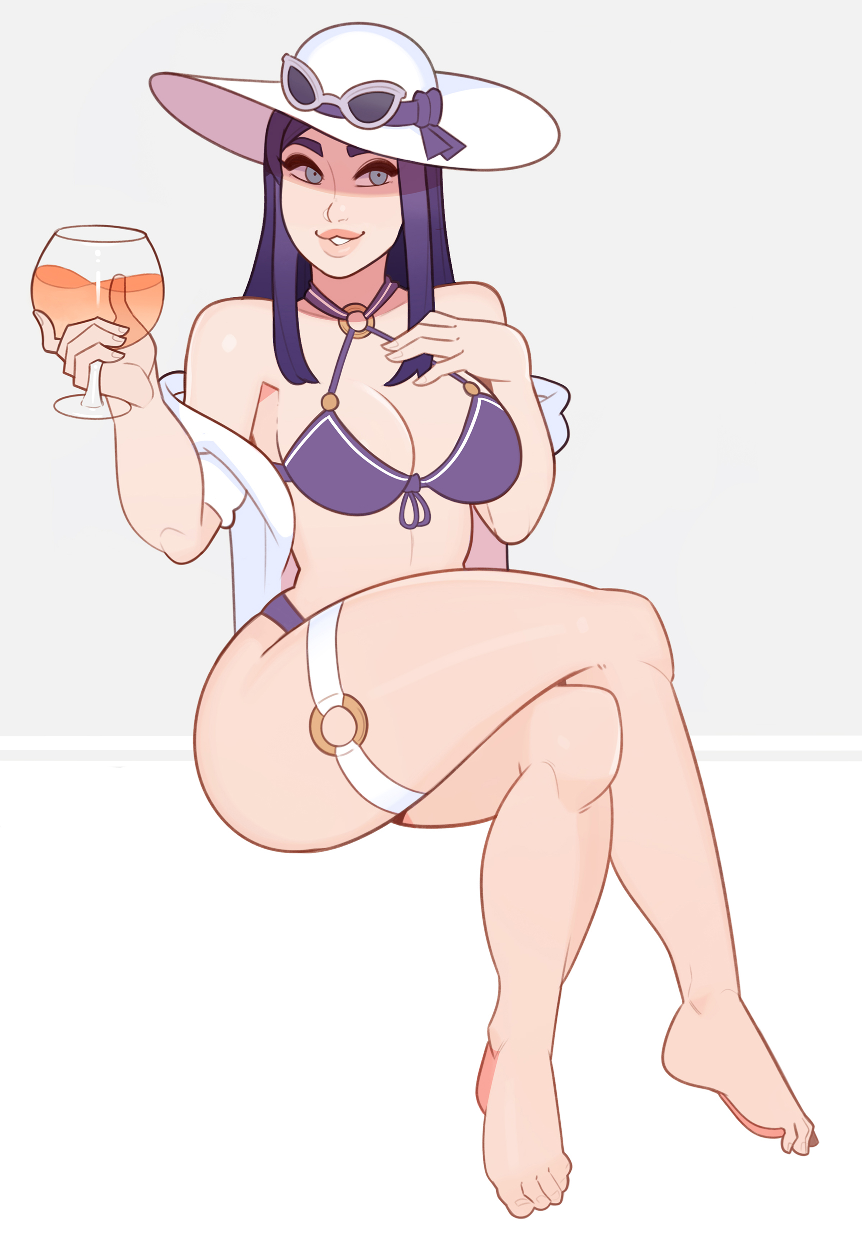 1girls, barefoot, big breasts, bikini, blue eyes, breasts, caitlyn kiramman, clothing, crossed legs, female, female only, hair, hat, league of legends, long hair, pool party caitlyn, pool party series, solo, splashbrush, sunglasses, sunglasses on hat, sunglasses on head, thighs, video games