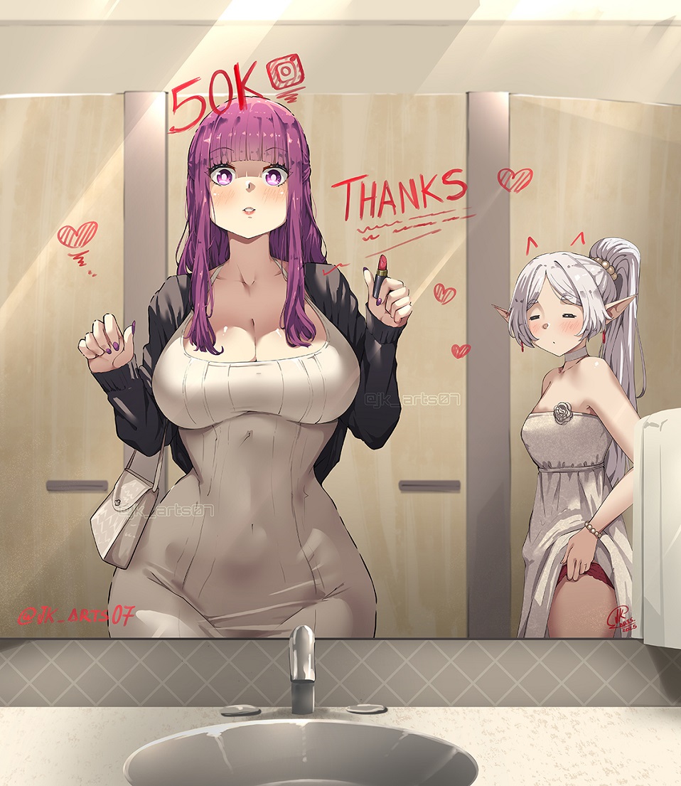 2girls, bag, black jacket, blunt bangs, breasts, cleavage, clothes lift, contemporary, cosmetics, curvy, dress, dress lift, elf, elf ears, elf female, faucet, female, fern (sousou no frieren), frieren, handbag, high ponytail, holding, holding lipstick tube, hourglass figure, human, human female, indoors, jacket, jk arts07, large breasts, light-skinned female, lipstick, lipstick tube, long hair, looking at viewer, makeup, milestone celebration, mirror, multiple females, multiple girls, panties, pointy ears, ponytail, public restroom, purple eyes, purple hair, red panties, reflection, sink, slim waist, sousou no frieren, underwear, white dress, white hair, wide hips