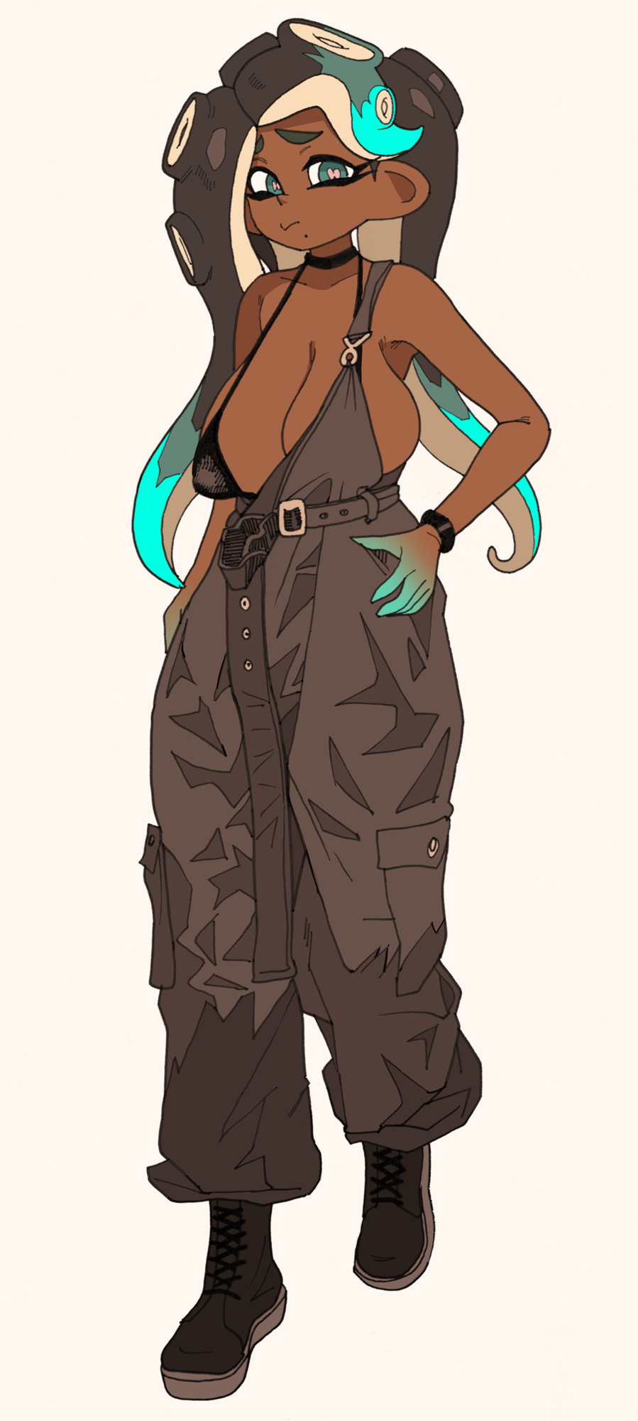 1girls, areola slip, big breasts, bikini, black hair, breasts, cleavage, collarbone, dark skin, dark-skinned female, eyeliner, female, huge breasts, marina (splatoon), nintendo, octoling, splatoon, splatoon (series), splatoon 2, squished breasts, thick thighs, white background, yuta agc