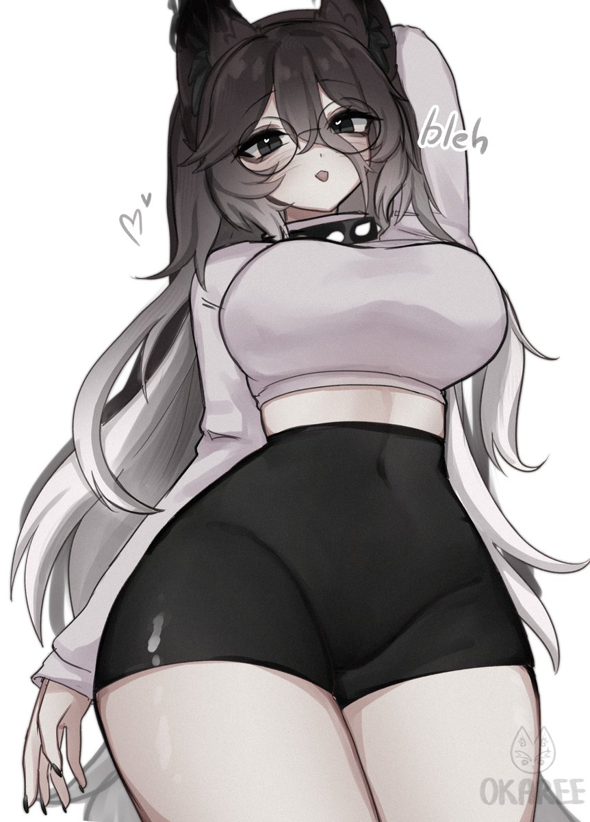 1girls, 2025, animal ears, big breasts, black eyes, black hair, black shorts, bleh, breasts, clothed, clothing, collar, crop top, curvy, curvy figure, dog ears, female, female only, glasses, grey hair, heart, hi res, light skin, light-skinned female, looking at viewer, looking down, multicolored hair, oka (okaree), okaree, original artwork, original character, simple background, solo, tail, thick thighs, tongue, tongue out, twitter username, white background