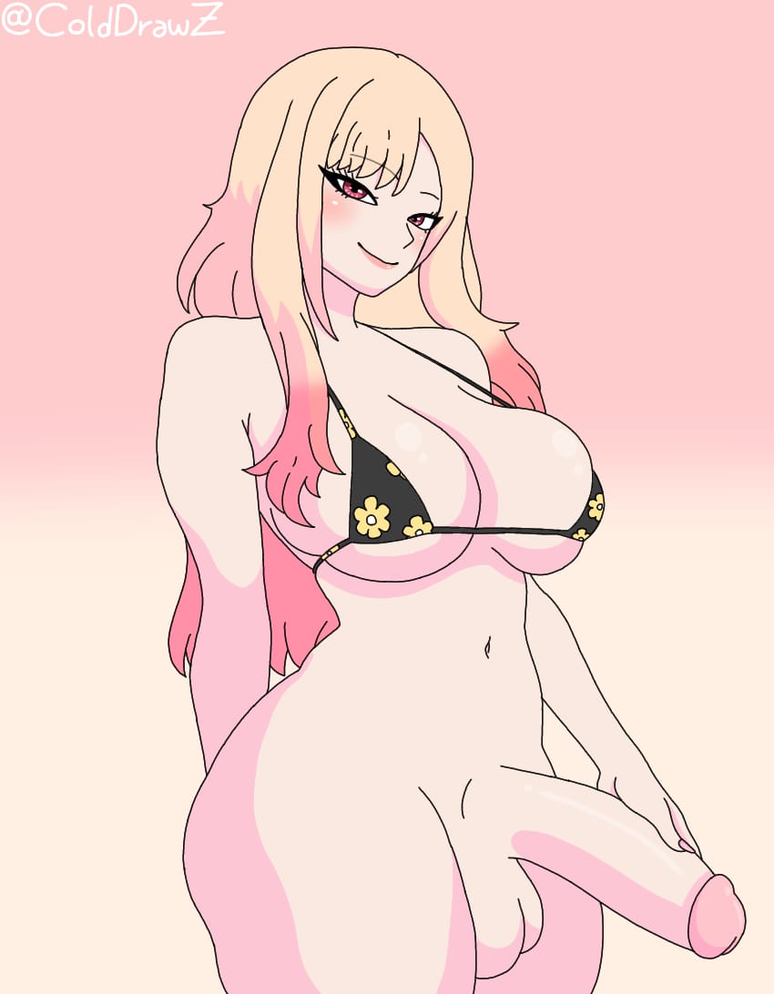 balls, big ass, big balls, big booty, big breasts, big cock, big dick, big penis, big thighs, bikini, bikini top, black bikini, blonde hair, breasts, colddrawz, female, futa only, futanari, intersex, kitagawa marin, light skin, light-skinned female, marin kitagawa, my dress up darling, penis, pink eyes, pink hair, sono bisque doll wa koi wo suru