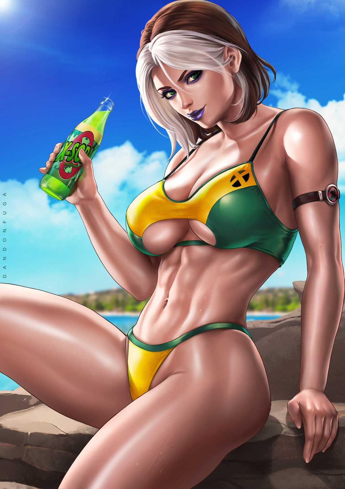 1girls, abs, anna marie, ass, beverage, big ass, bikini, breasts, brown hair, cleavage, dandon fuga, digital media (artwork), female, female focus, female only, green eyes, grey hair, lipstick, looking at viewer, marvel, marvel comics, multicolored hair, muscles, navel, outdoors, pose, posing, purple lipstick, rogue (evolution), rogue (x-men), short hair, sideboob, sitting, soda, soda bottle, solo, solo female, solo focus, superheroine, swimsuit, thick thighs, thighs, two-tone hair, underboob, wet, x-men, x-men evolution