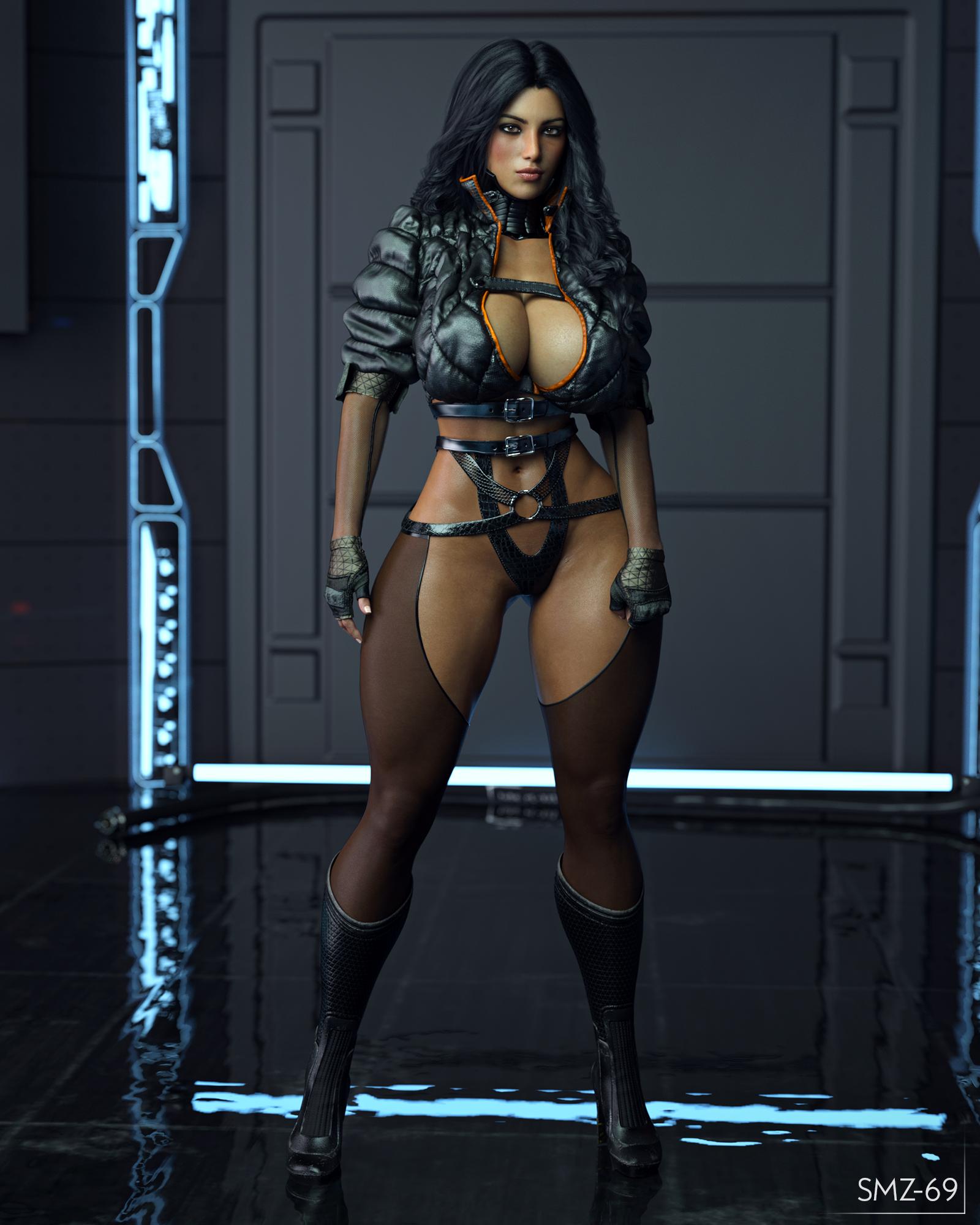 1girls, 3d, bimbo, breasts, brecca (smz-69), cleavage, cyberpunk, female, female only, full body, highres, huge breasts, smz-69, solo