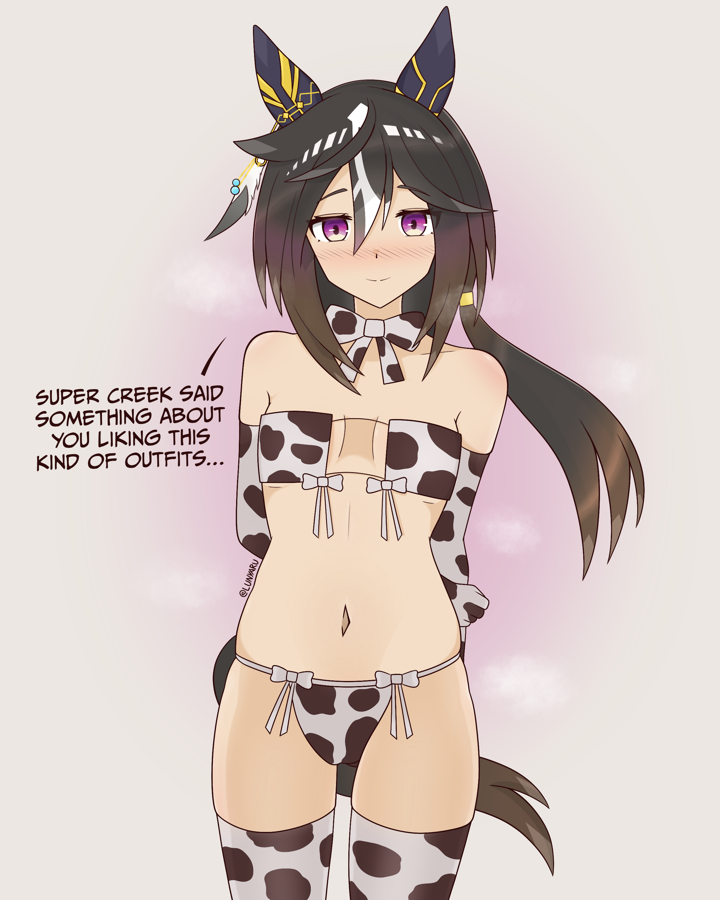 brown hair, cow print, cow print bikini, horse girl, lunyaru, stay gold (umamusume), umamusume, umamusume pretty derby