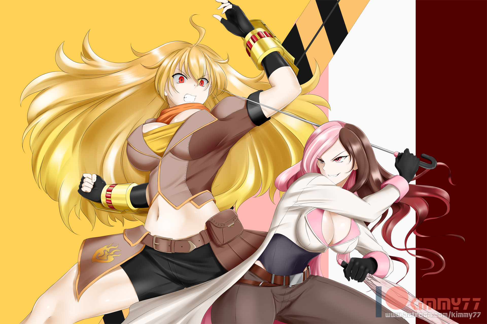 2girls, alternate version available, angry, big breasts, blonde hair, breasts, brown hair, catfight, clothed, ember celica, female, fight, hush (rwby), kimmy77, large breasts, long hair, neo (rwby), original, parasol, pink eyes, pink hair, red eyes, rwby, smile, smirk, weapon, yang xiao long