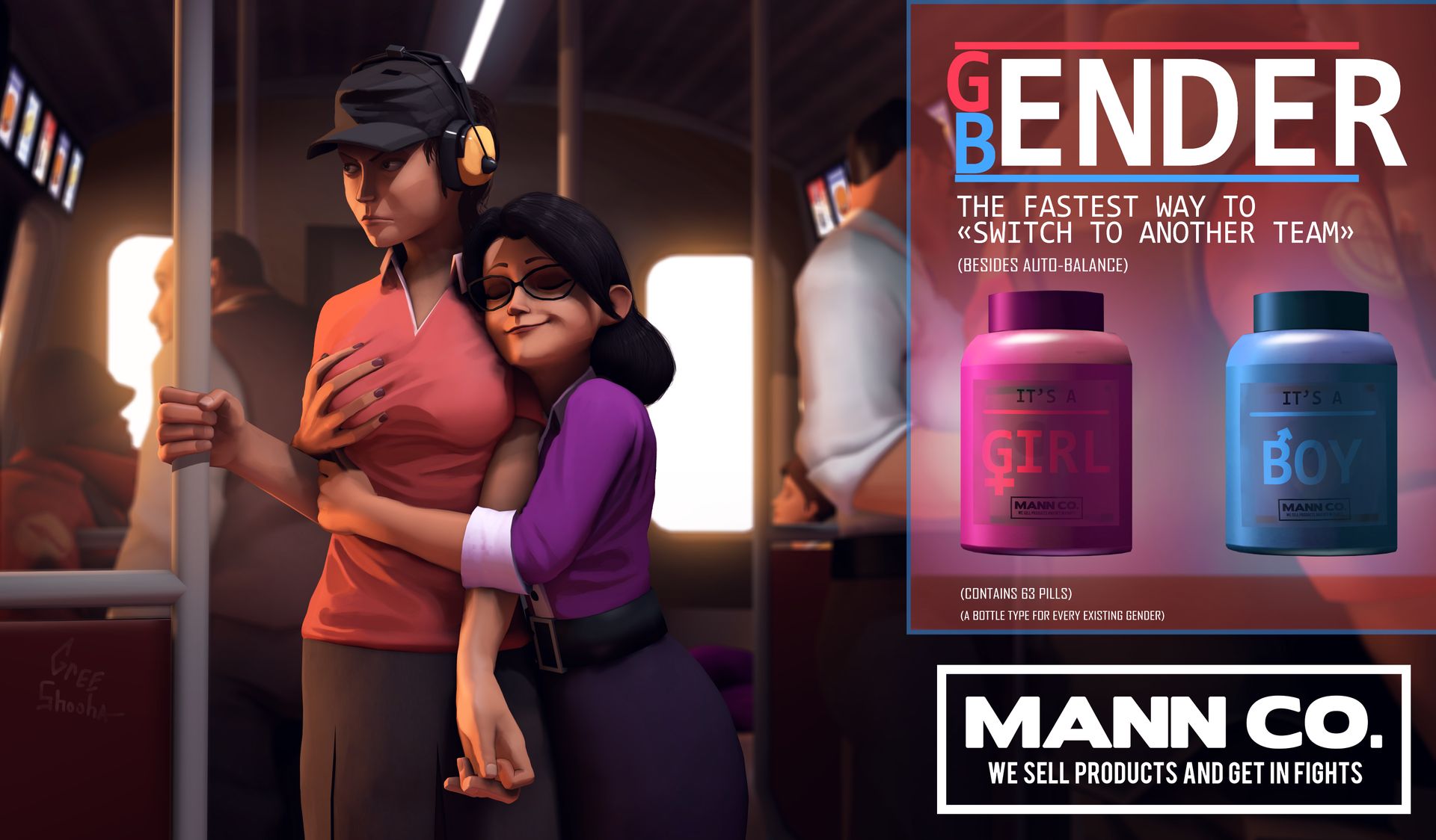 2girls, 3d, breast grab, breasts, clothed, embarrassed, female, femscout, gender transformation, genderswap, glasses, miss pauling, public, rule 63, scout (team fortress 2), soldier (team fortress 2), team fortress 2, transformation, where is your god now, yuri