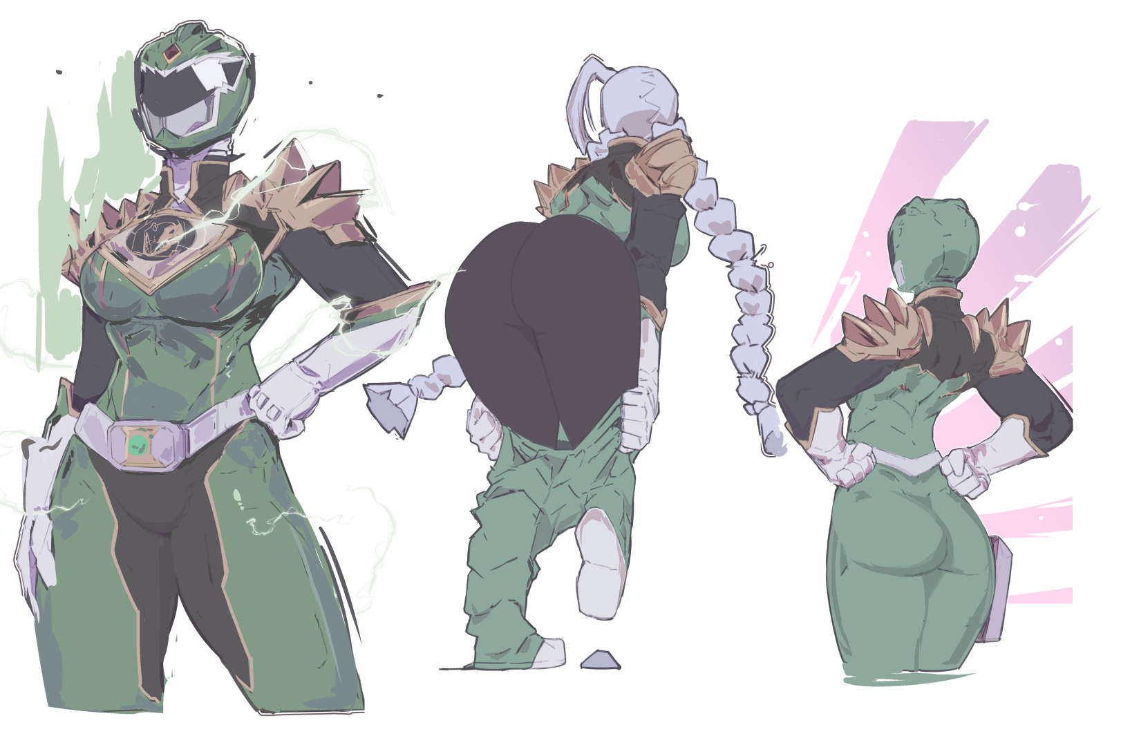 1girls, 7 passes, ahoge, ass, belt, big ass, big butt, black bodysuit, clothed, clothed female, covered face, dressing, female, female focus, female only, genderswap, genderswap (mtf), gloves, green ranger, helmet, huge ahoge, large ass, large butt, long hair, pauldrons, power rangers, rita repulsa, solo, solo female, solo focus, spiked pauldrons, super sentai, thick thighs, twin braids, very long hair, white gloves, younger self