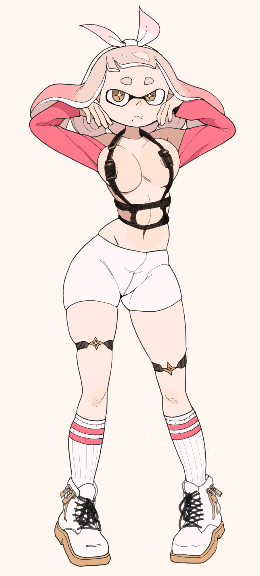 1girls, areola slip, big breasts, breasts, domino mask, female, garter belt, huge ass, huge breasts, inkling, large breasts, leggings, looking at viewer, pantyhose, pearl (splatoon), pink hair, pink leggings, pose, splatoon, splatoon (series), splatoon 2, yuta agc