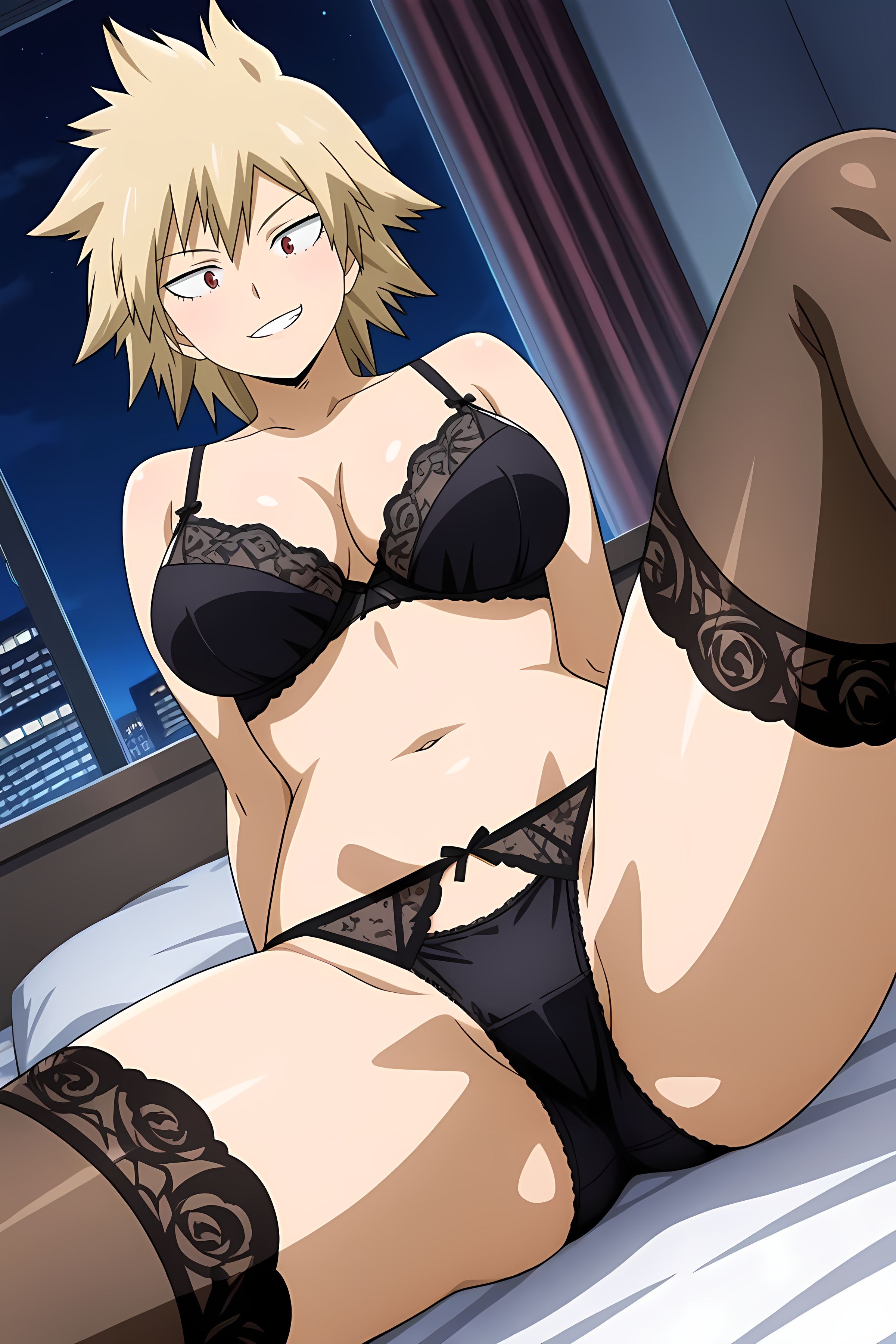 ai generated, bed, bedroom, black bra, black lingerie, black panties, black stockings, bra, female, female only, front view, legs spread, lingerie, looking at viewer, mitsuki bakugou, my hero academia, panties, pinku.ai, smirk, stockings