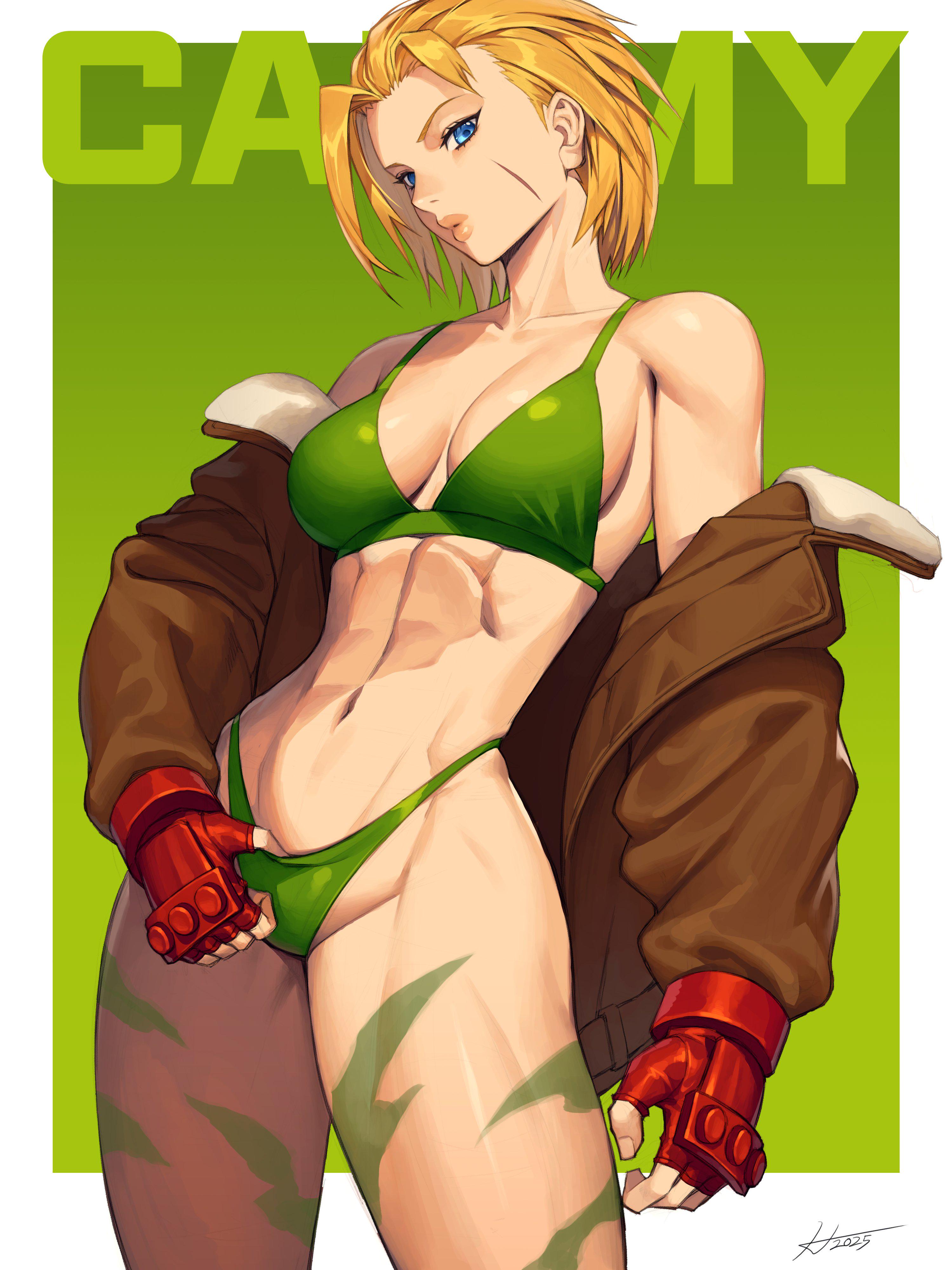 1girls, 2025, abs, bikini, blonde female, blonde hair, blue eyes, british, british female, cammy white, english, female, female focus, female only, fit, fit female, gloves, green bikini, hichi (an hee-chul), jacket off shoulders, jacket partially removed, midriff, partially clothed, scar, scar on face, shoulder length hair, signature, simple background, solo, solo female, solo focus, street fighter, street fighter 6, tattoo on legs, tugging clothing