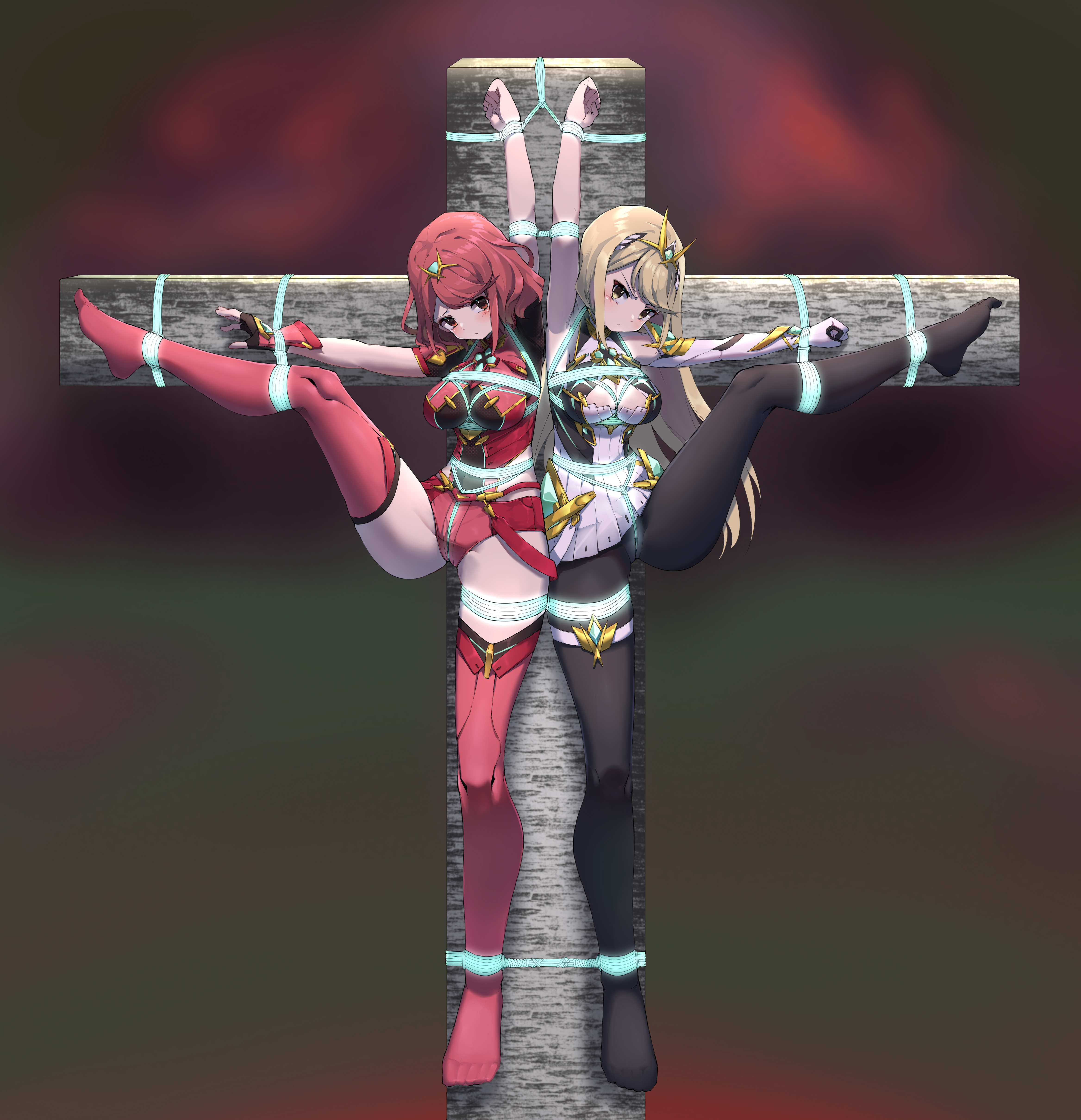 2girls, absurdres, black pantyhose, blonde hair, bondage, bound, breasts, cleavage, crucifixion, female, hair ornament, highres, long hair, medium breasts, medium hair, micro shorts, multiple females, multiple girls, mythra (xenoblade), nintendo, pantyhose, pyra (xenoblade), red eyes, red hair, red thighhighs, restrained, shorts, super smash bros., thighhighs, xenoblade chronicles (series), xenoblade chronicles 2, xiongmao, yellow eyes