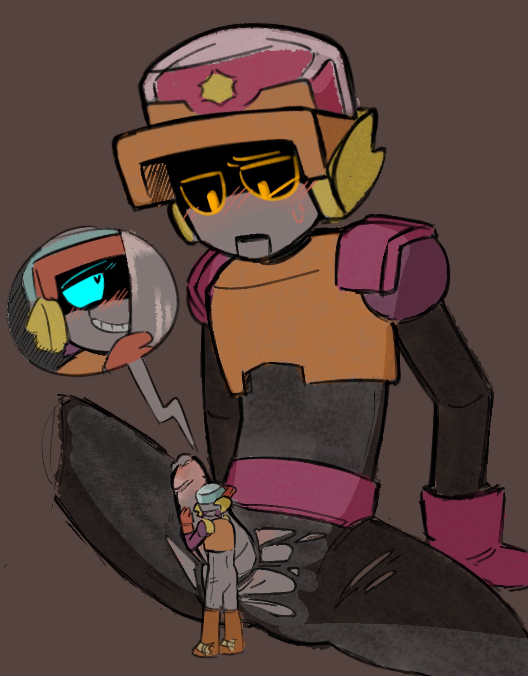 black stockings, blush, brawl stars, brother/brother, brothers, caress, caressing, caressing penis, colored, cop, gay, giant male, heart-shaped pupils, height difference, holding penis, incest, larry (brawl stars), lawrie (brawl stars), male, male only, micro male, penis, precum, ripped stockings, robot, robot boy, robot penis, simple background, size difference, sweat, twins, volk 00, yaoi