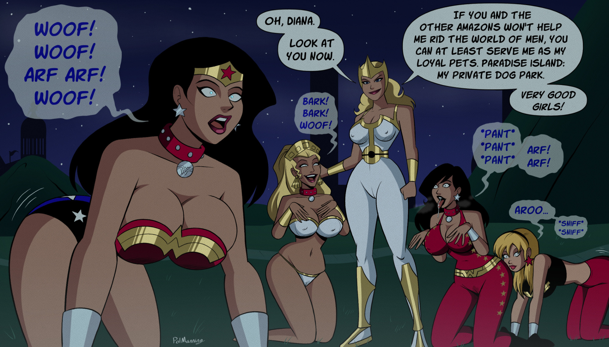 5girls, amazon, aresia, artist name, ass, barking, big ass, big breasts, bikini, black hair, black hairband, blonde hair, blue eyes, bodysuit, boots, bracelet, bracelets of submission, brainwashed, brainwashing, breasts, cameltoe, cassandra sandsmark, cassie sandsmark, cleavage, clenched hand, collar, collar tag, corrupted, corruption, dc, dc comics, dcau, dialogue, diana of themyscira, dog collar, dog girl, donna troy, drool, drool string, drooling, drooling tongue, earrings, english, english text, female, female only, hairband, hand on head, hanging breasts, hippolyta, hourglass figure, huge breasts, hypnosis, hypnotic eyes, hypnotized, justice league, large ass, large breasts, leotard, lipstick, long hair, midriff, midriff baring shirt, mind break, mind control, mindbreak, motion lines, multiple girls, navel, night, nipple bulge, panting, personality change, petplay, polmanning, pussy, smelling, smelling ass, sniffing, sniffing ass, speech bubble, star, star earrings, starry sky, text, tiara, tongue out, visible breath, wet, wet pussy, wonder girl, wonder girl (cassie sandsmark), wonder girl (donna troy), wonder woman, wonder woman (series)