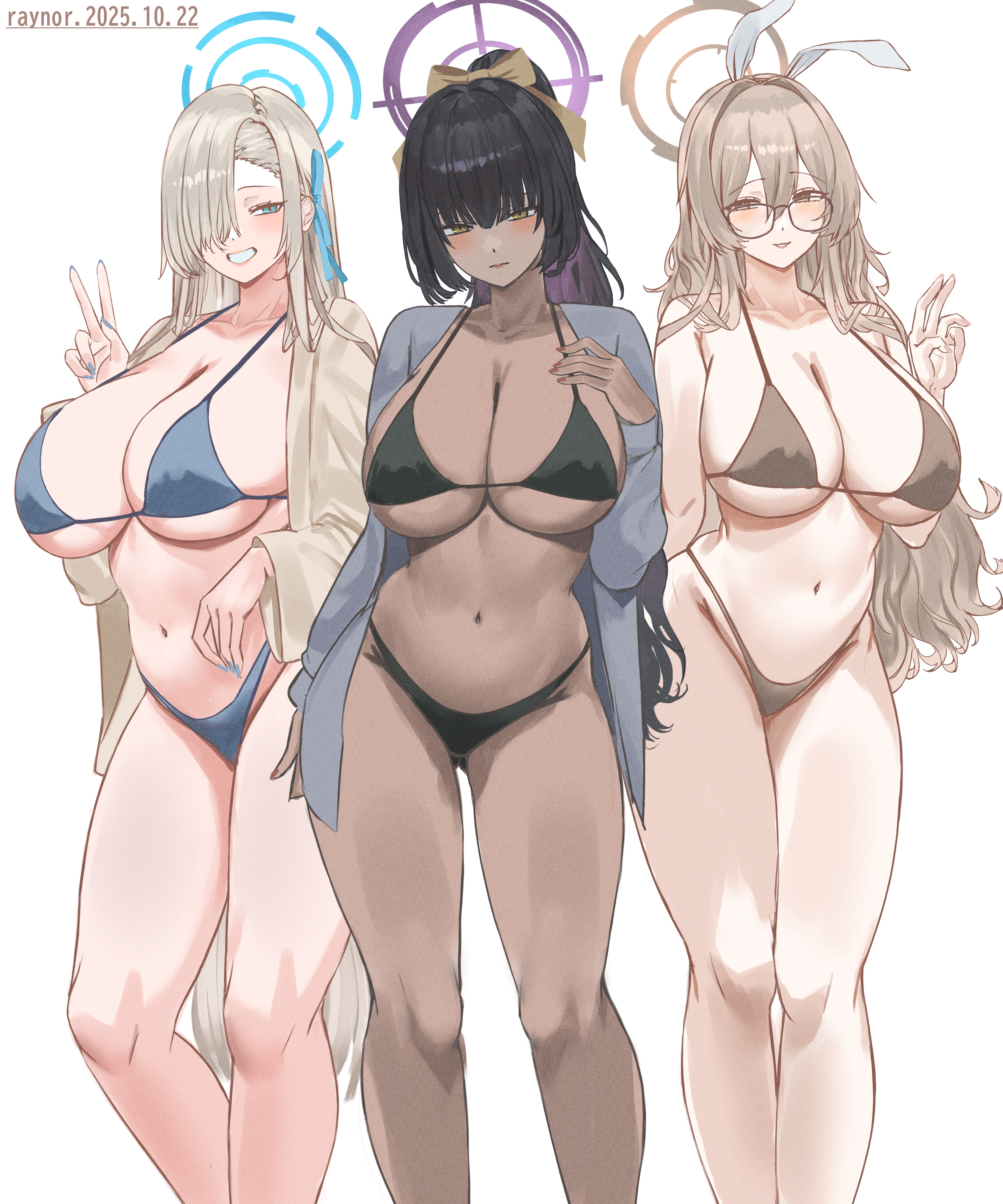 3girls, absurdres, akane (blue archive), alternate costume, alternate hairstyle, asuna (blue archive), bangs, bikini, black bikini, black hair, black-haired female, blue archive, blue bikini, blush, breasts, brown bikini, brown eyes, brown hair, brown halo, chocolate and vanilla, cleavage, closed mouth, dark skin, dark-skinned female, dated, feet out of frame, female, female only, hair over one eye, halo, highres, huge breasts, karin (blue archive), legs, light brown hair, light brown-haired female, long hair, long-haired female, looking at viewer, multiple females, multiple girls, navel, nuo (fttv3255), purple halo, simple background, smile, standing, stomach, swimsuit, thighs, trio, v, very long hair, voluptuous, voluptuous female, white background, yellow eyes