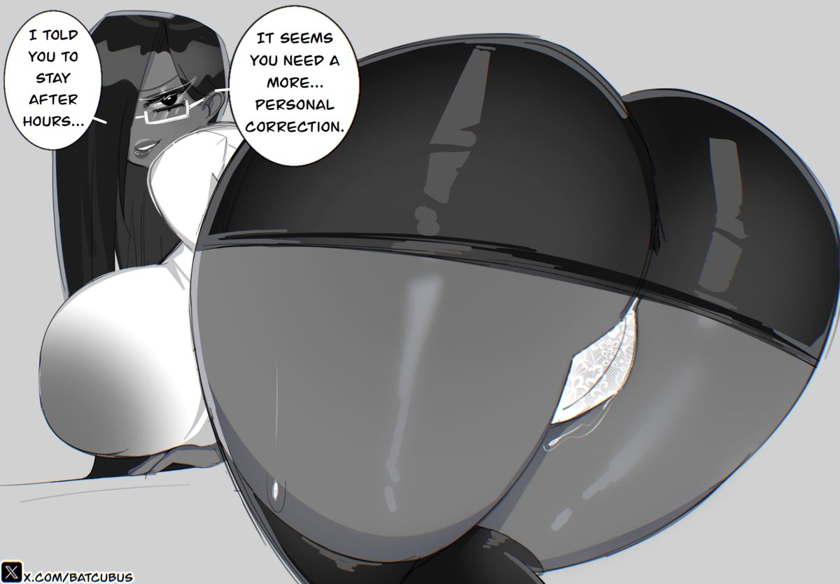 1girls, ass, ass focus, atastic, batcubus, big ass, black hair, black skirt, black thighhighs, breasts, cameltoe, dark skin, dark-skinned female, english text, female, hair over one eye, huge ass, large breasts, office lady (atastic), original, original character, panties, shirt tucked in skirt, skirt, skirts, solo, square glasses, text, thick thighs, thighhighs, thighs, tie