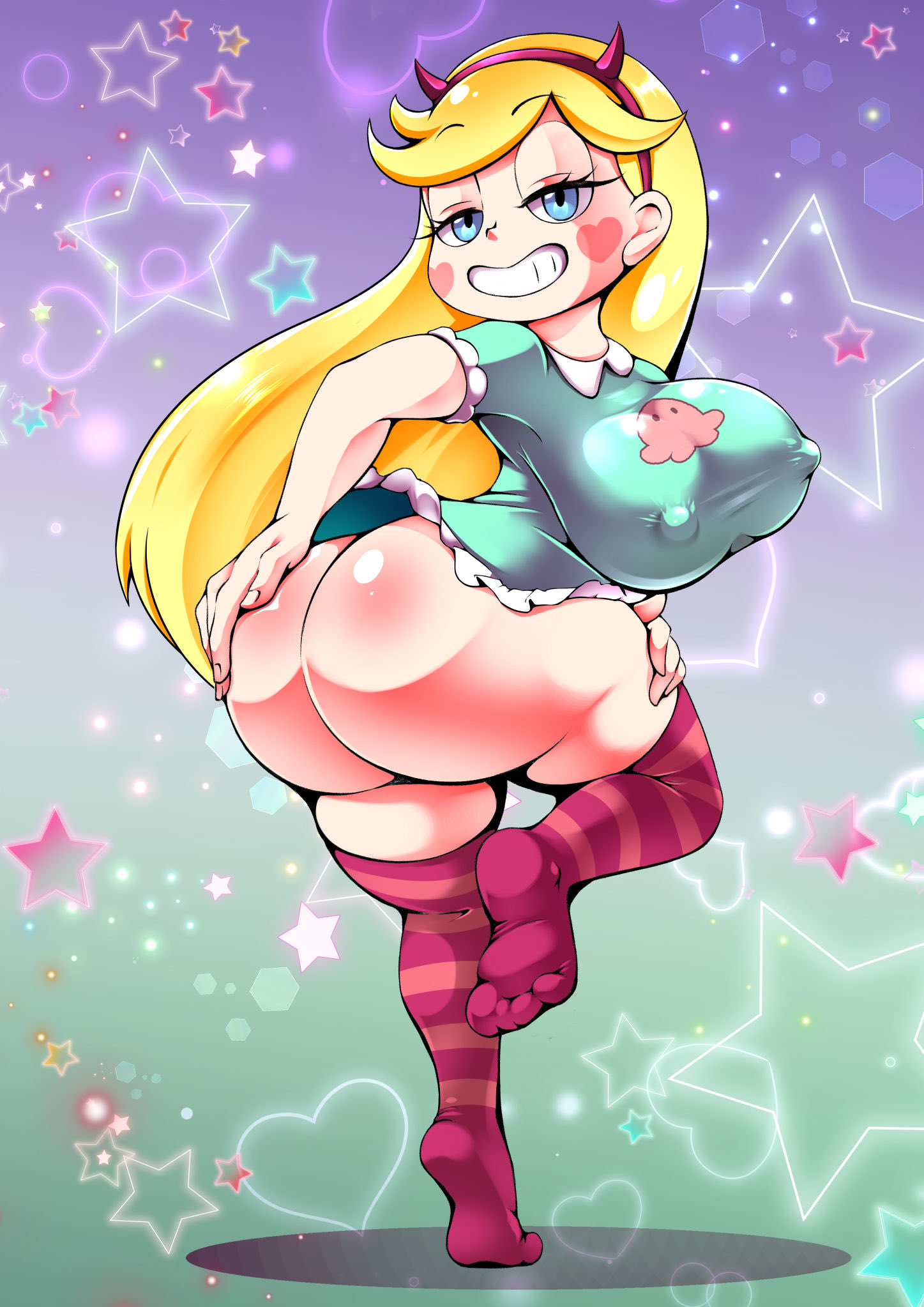 1girls, ass, big ass, big breasts, big butt, blonde female, blonde hair, blue eyes, bottomless, breasts, bubble ass, bubble butt, cocco, disney, disney channel, disney xd, dress, erect nipples, erect nipples under clothes, exposed ass, fat ass, fat butt, female, female only, hairband, hand on ass, hand on thigh, heart cheeks, horned headwear, huge nipples, large ass, large breasts, large butt, leg up, light skin, light-skinned female, long hair, looking at viewer, nipple bulge, nipples, no panties, round ass, smiling at viewer, socks, solo, star butterfly, star vs the forces of evil, striped legwear, thick ass, thick thighs, thigh high socks, voluptuous, white female, wide hips